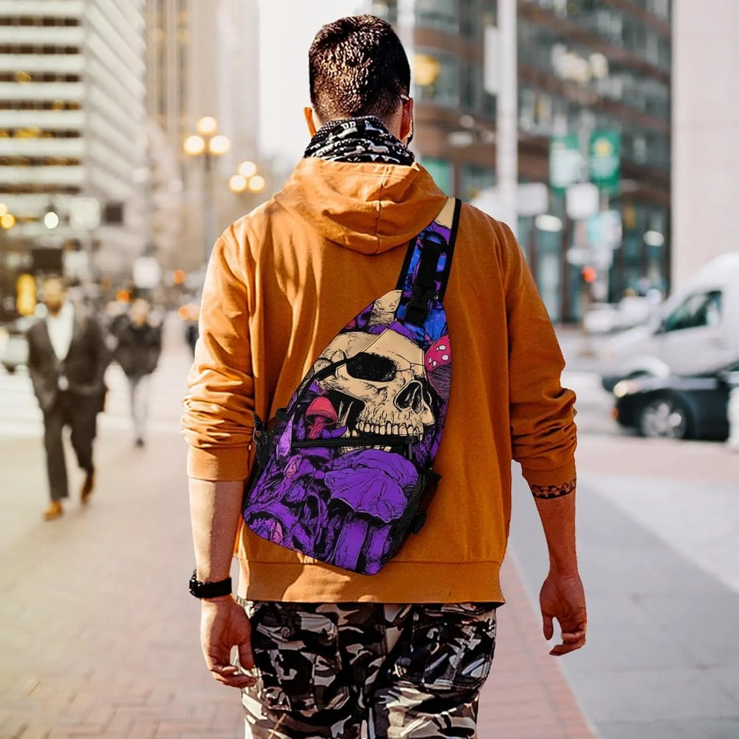 Supdreamc Men & Women Sling Shoulder Backpack Outdoor Sport Daypack Travel Bag - Anti-Theft Multipurpose Tote Bags, Trippy Skull Mushroom Art Purple Triangle Sling Shoulder Backpacks Bag