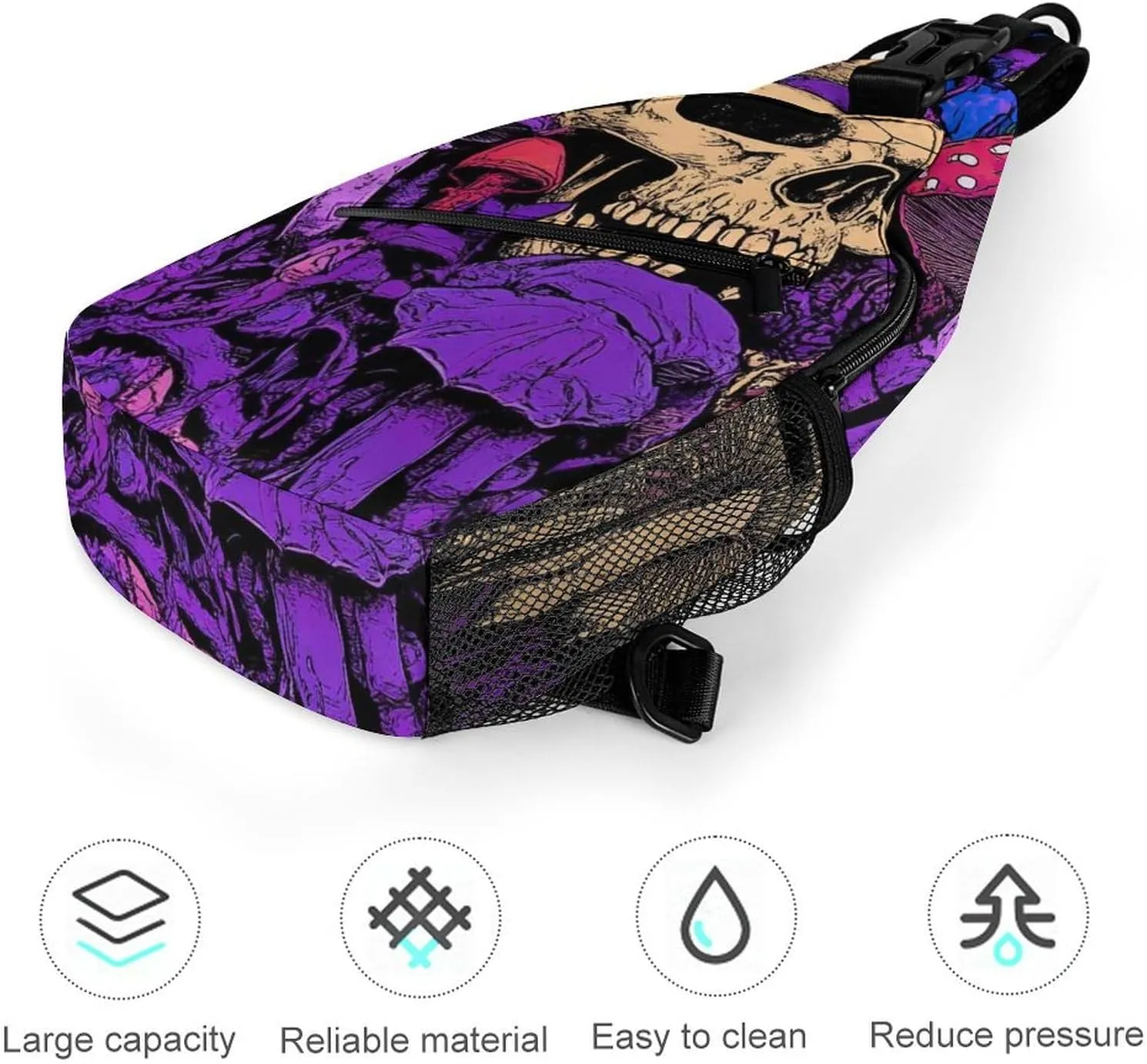 Supdreamc Men & Women Sling Shoulder Backpack Outdoor Sport Daypack Travel Bag - Anti-Theft Multipurpose Tote Bags, Trippy Skull Mushroom Art Purple Triangle Sling Shoulder Backpacks Bag