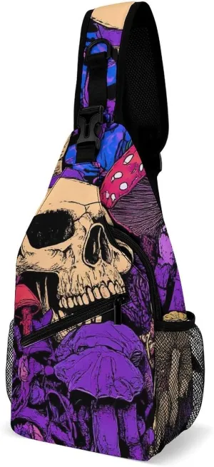 Supdreamc Men & Women Sling Shoulder Backpack Outdoor Sport Daypack Travel Bag - Anti-Theft Multipurpose Tote Bags, Trippy Skull Mushroom Art Purple Triangle Sling Shoulder Backpacks Bag