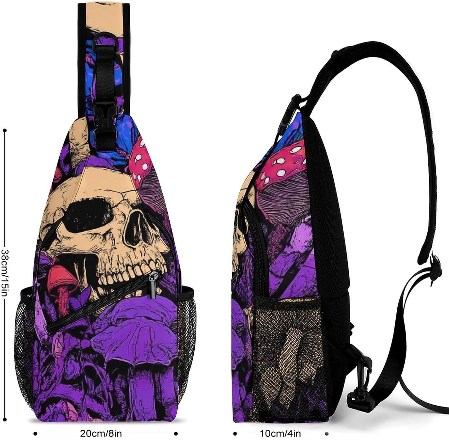 Supdreamc Men & Women Sling Shoulder Backpack Outdoor Sport Daypack Travel Bag - Anti-Theft Multipurpose Tote Bags, Trippy Skull Mushroom Art Purple Triangle Sling Shoulder Backpacks Bag