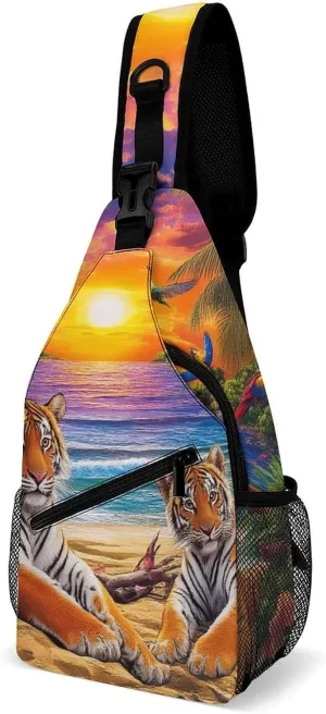 Supdreamc Men's Sling Bag Backpack Foldable Breathable Chest Sling Shoulder Backpacks Bags - Tropical Tiger Animal World King Art Multipurpose Anti-Theft Backpacking Bookbag