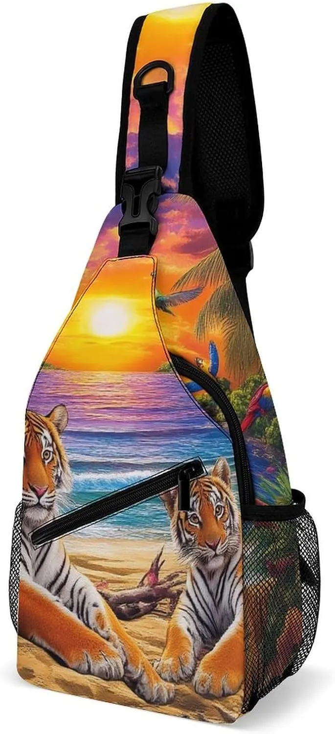 Supdreamc Men's Sling Bag Backpack Foldable Breathable Chest Sling Shoulder Backpacks Bags - Tropical Tiger Animal World King Art Multipurpose Anti-Theft Backpacking Bookbag