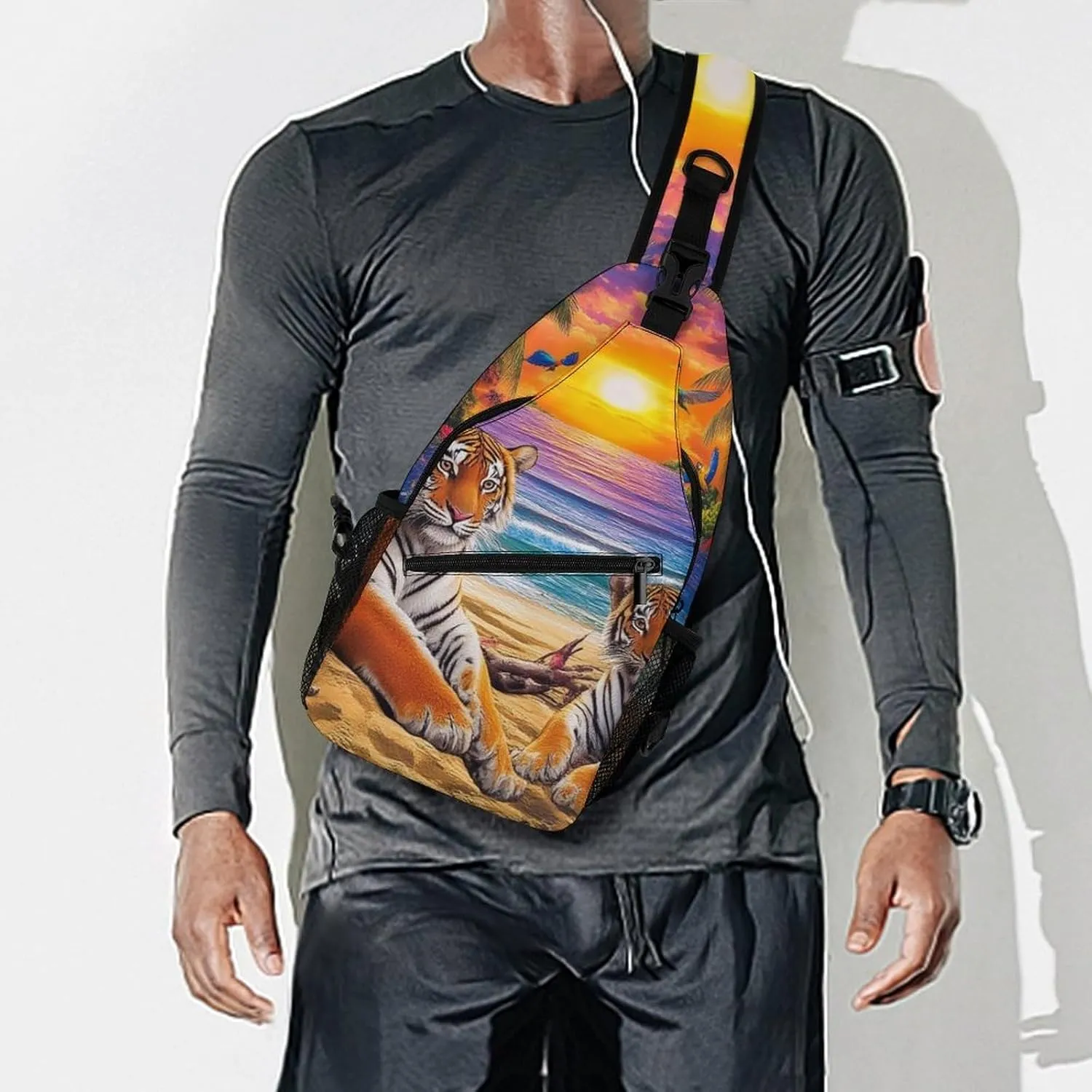 Supdreamc Men's Sling Bag Backpack Foldable Breathable Chest Sling Shoulder Backpacks Bags - Tropical Tiger Animal World King Art Multipurpose Anti-Theft Backpacking Bookbag
