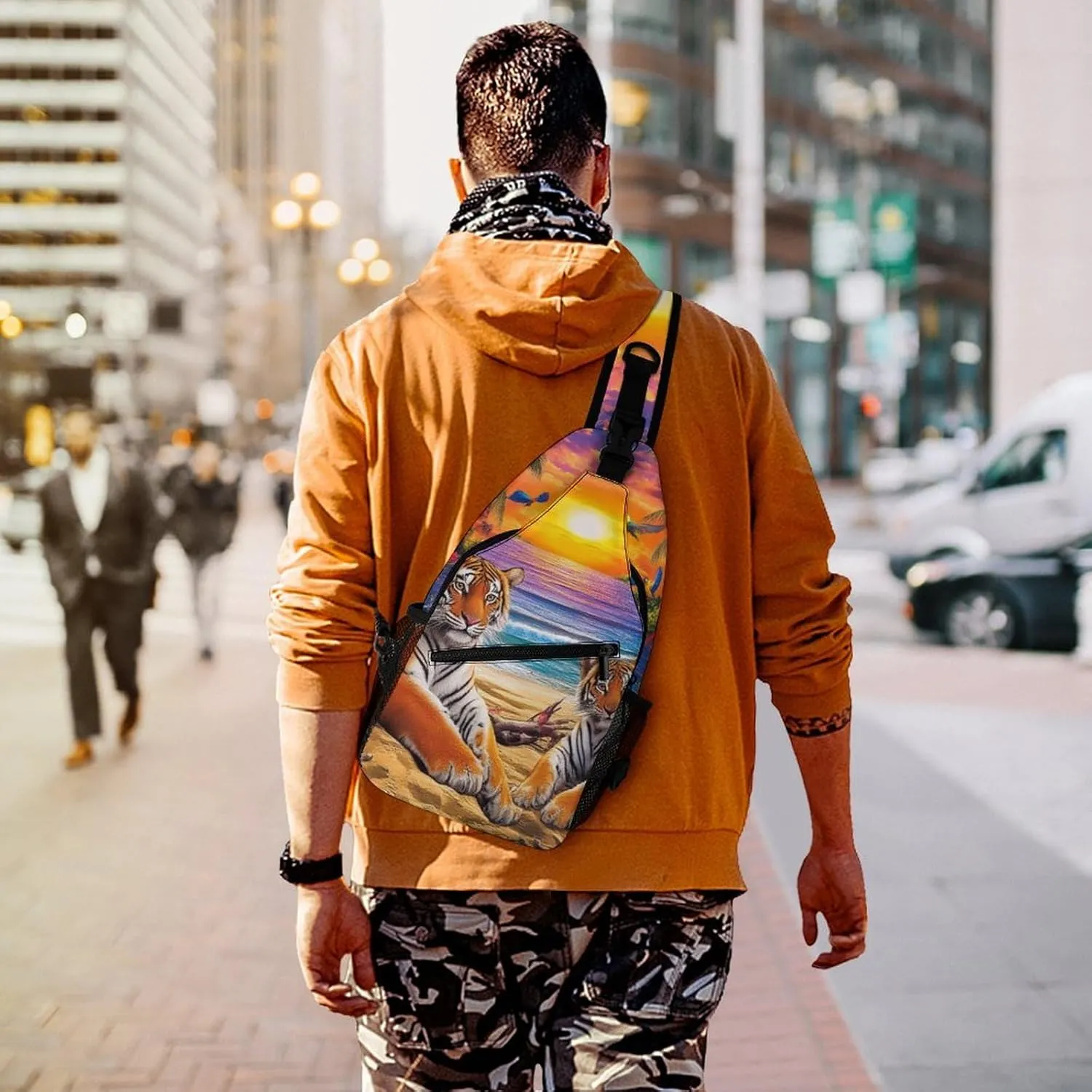 Supdreamc Men's Sling Bag Backpack Foldable Breathable Chest Sling Shoulder Backpacks Bags - Tropical Tiger Animal World King Art Multipurpose Anti-Theft Backpacking Bookbag