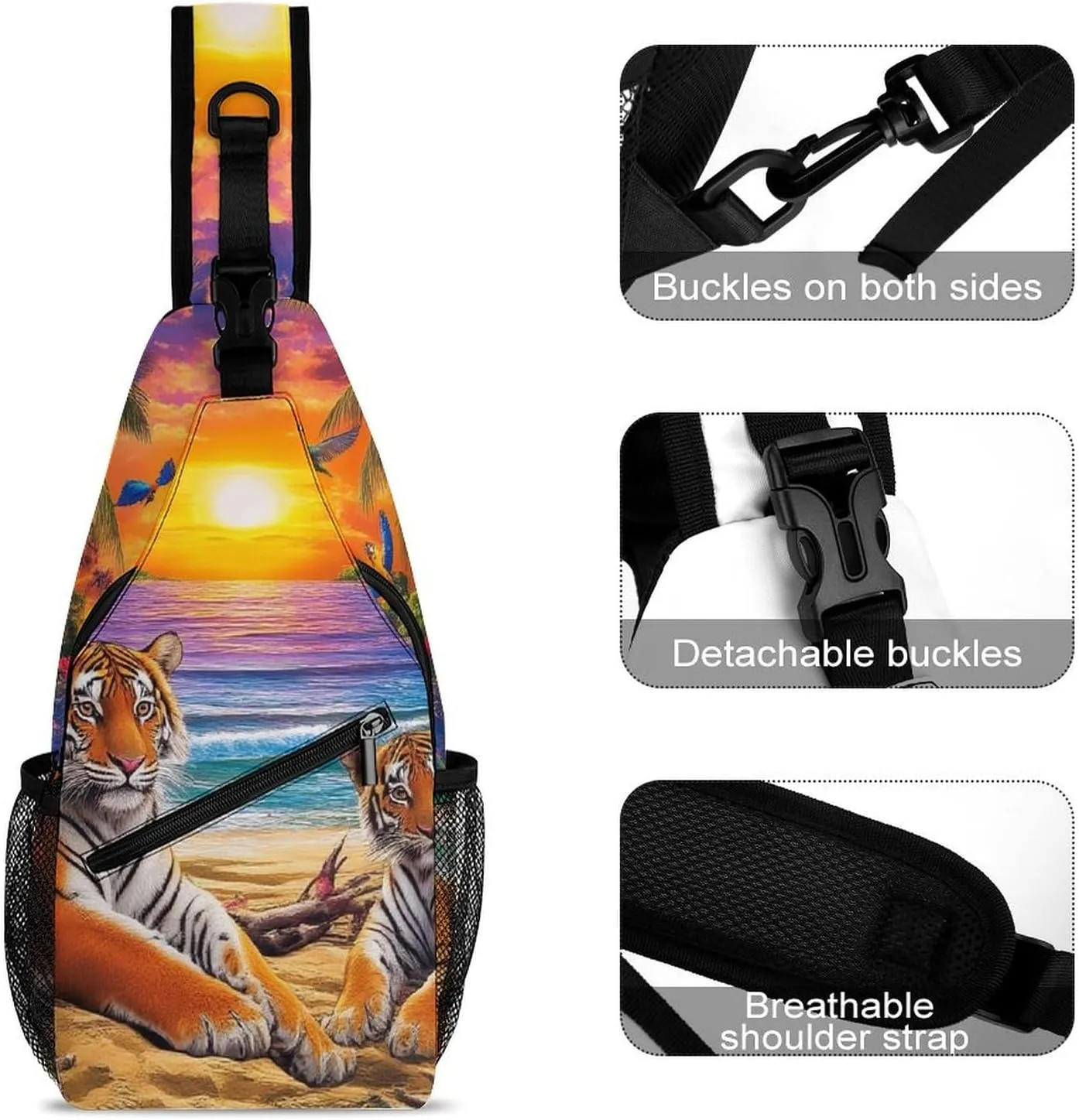 Supdreamc Men's Sling Bag Backpack Foldable Breathable Chest Sling Shoulder Backpacks Bags - Tropical Tiger Animal World King Art Multipurpose Anti-Theft Backpacking Bookbag
