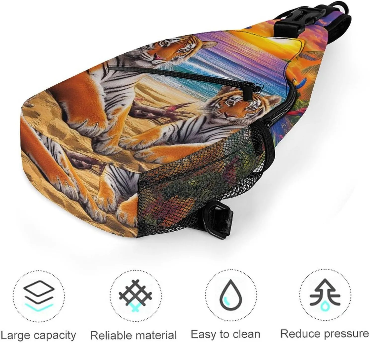 Supdreamc Men's Sling Bag Backpack Foldable Breathable Chest Sling Shoulder Backpacks Bags - Tropical Tiger Animal World King Art Multipurpose Anti-Theft Backpacking Bookbag