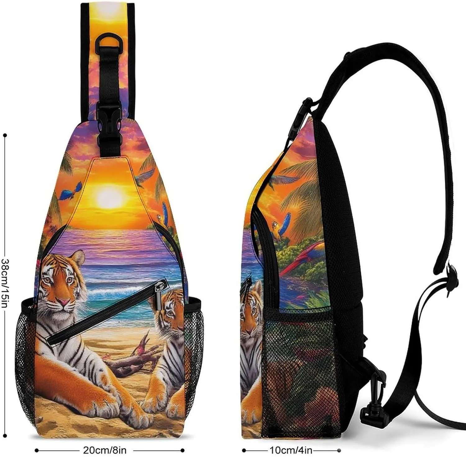 Supdreamc Men's Sling Bag Backpack Foldable Breathable Chest Sling Shoulder Backpacks Bags - Tropical Tiger Animal World King Art Multipurpose Anti-Theft Backpacking Bookbag