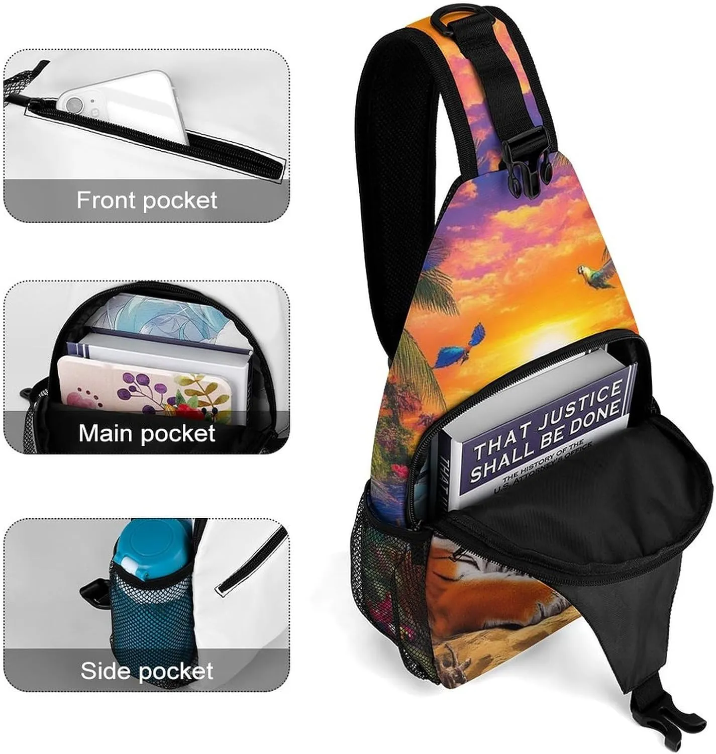 Supdreamc Men's Sling Bag Backpack Foldable Breathable Chest Sling Shoulder Backpacks Bags - Tropical Tiger Animal World King Art Multipurpose Anti-Theft Backpacking Bookbag