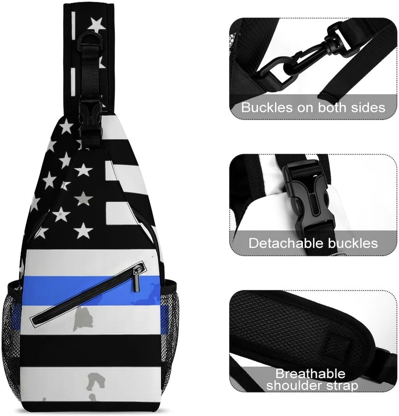 Supdreamc Ultra Lightweight Sling Backpack Chest Sling Shoulder Backpacks Bags Multipurpose Anti-Theft Rucksack for Climbing Camping Cycling Travel, American Thin Blue Line Flag Police Pattern Black
