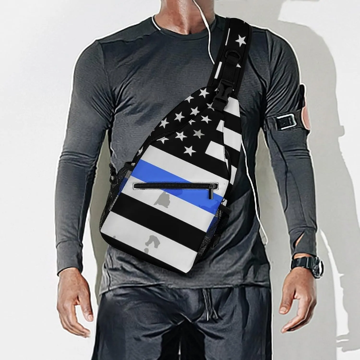 Supdreamc Ultra Lightweight Sling Backpack Chest Sling Shoulder Backpacks Bags Multipurpose Anti-Theft Rucksack for Climbing Camping Cycling Travel, American Thin Blue Line Flag Police Pattern Black