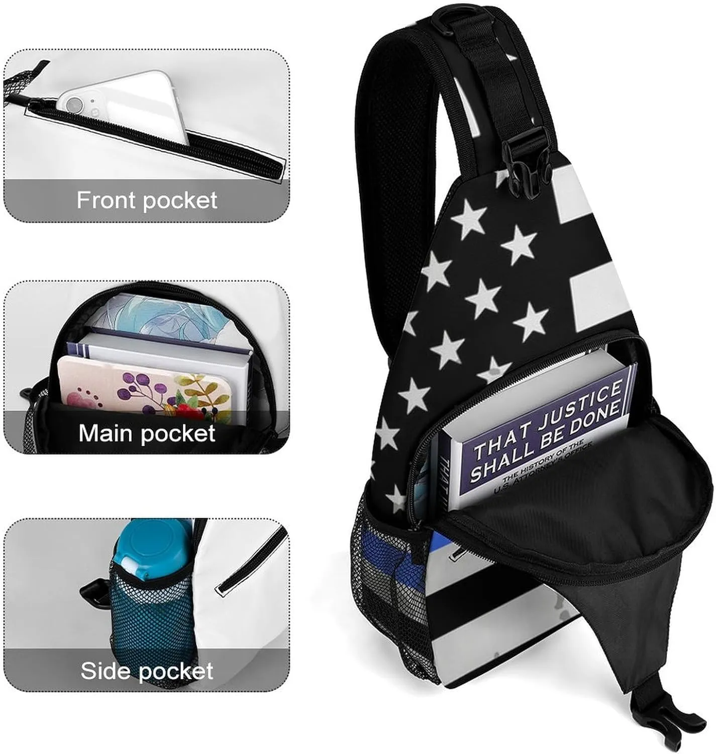 Supdreamc Ultra Lightweight Sling Backpack Chest Sling Shoulder Backpacks Bags Multipurpose Anti-Theft Rucksack for Climbing Camping Cycling Travel, American Thin Blue Line Flag Police Pattern Black