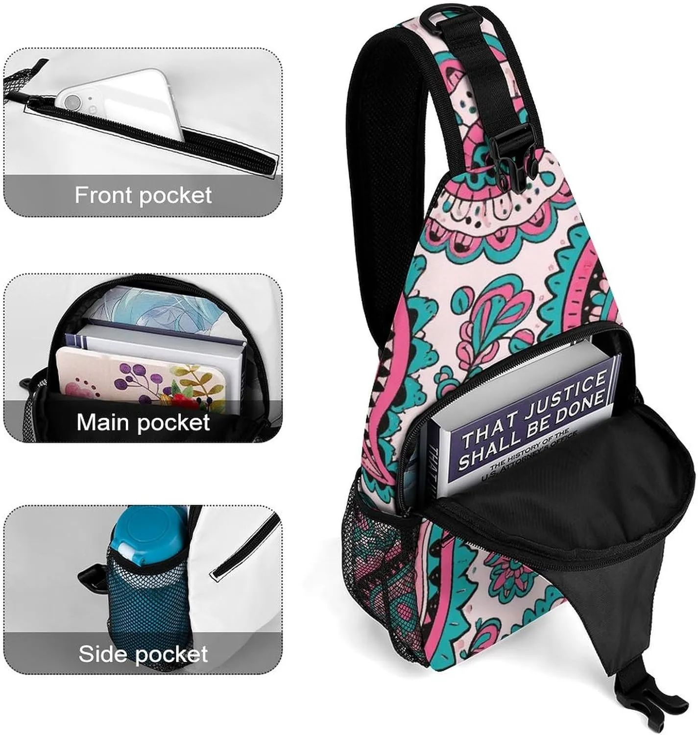 Supdreamc Ultra Lightweight Sling Backpack Shoulder Chest Crossbody Bag Multipurpose Anti-Theft Backpacking for Hiking Cycling Walking Dog Bicycle Travel - Colorful Flowers Leaves Paisley Art