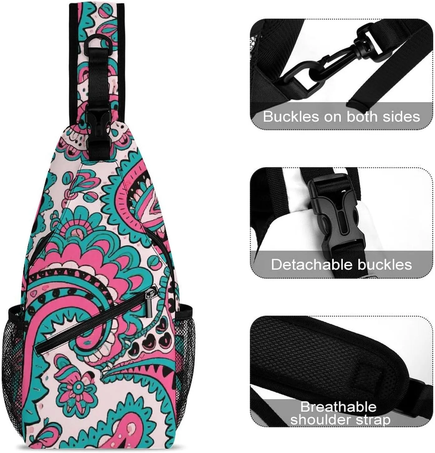 Supdreamc Ultra Lightweight Sling Backpack Shoulder Chest Crossbody Bag Multipurpose Anti-Theft Backpacking for Hiking Cycling Walking Dog Bicycle Travel - Colorful Flowers Leaves Paisley Art