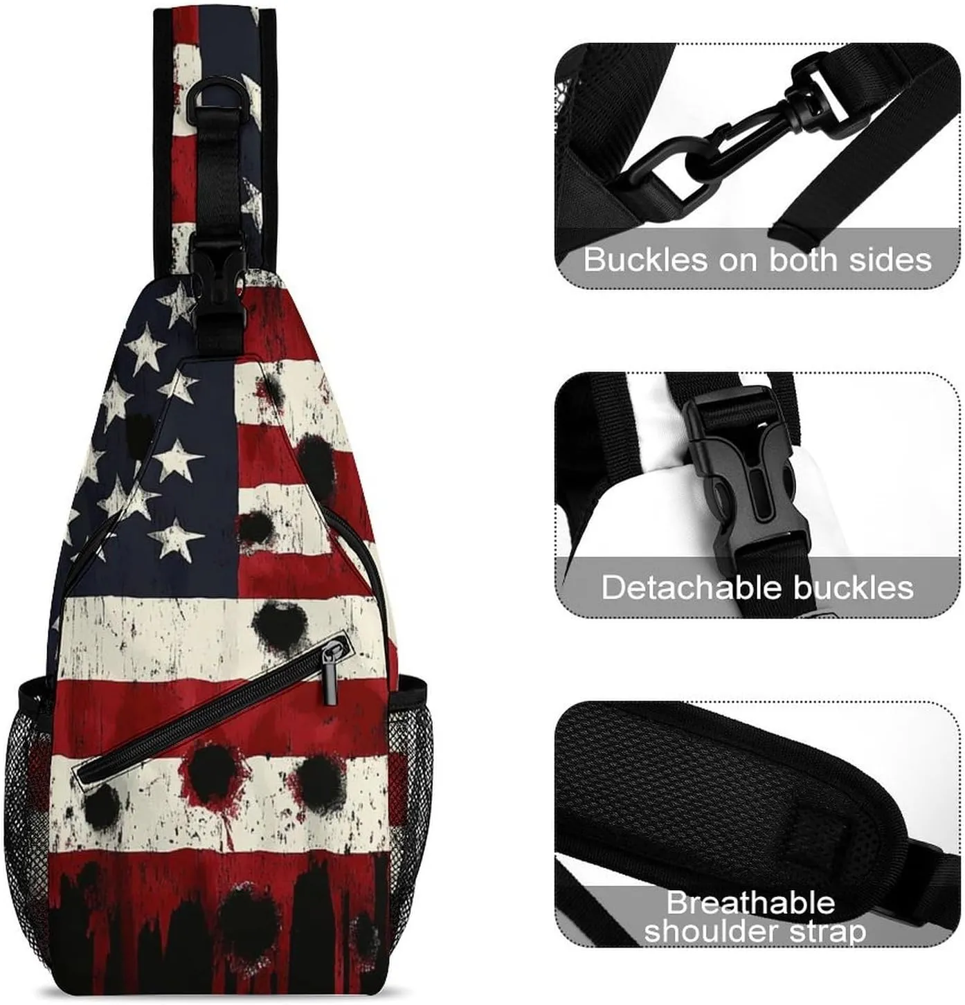 Supdreamc Ultra Lightweight Sling Bag Backpack Chest Day Bag Multipurpose Anti-Theft Backpacking for Outdoor Cycling Hiking Travel, Tool Backpack (American Usa Flag War Bullet Hole)