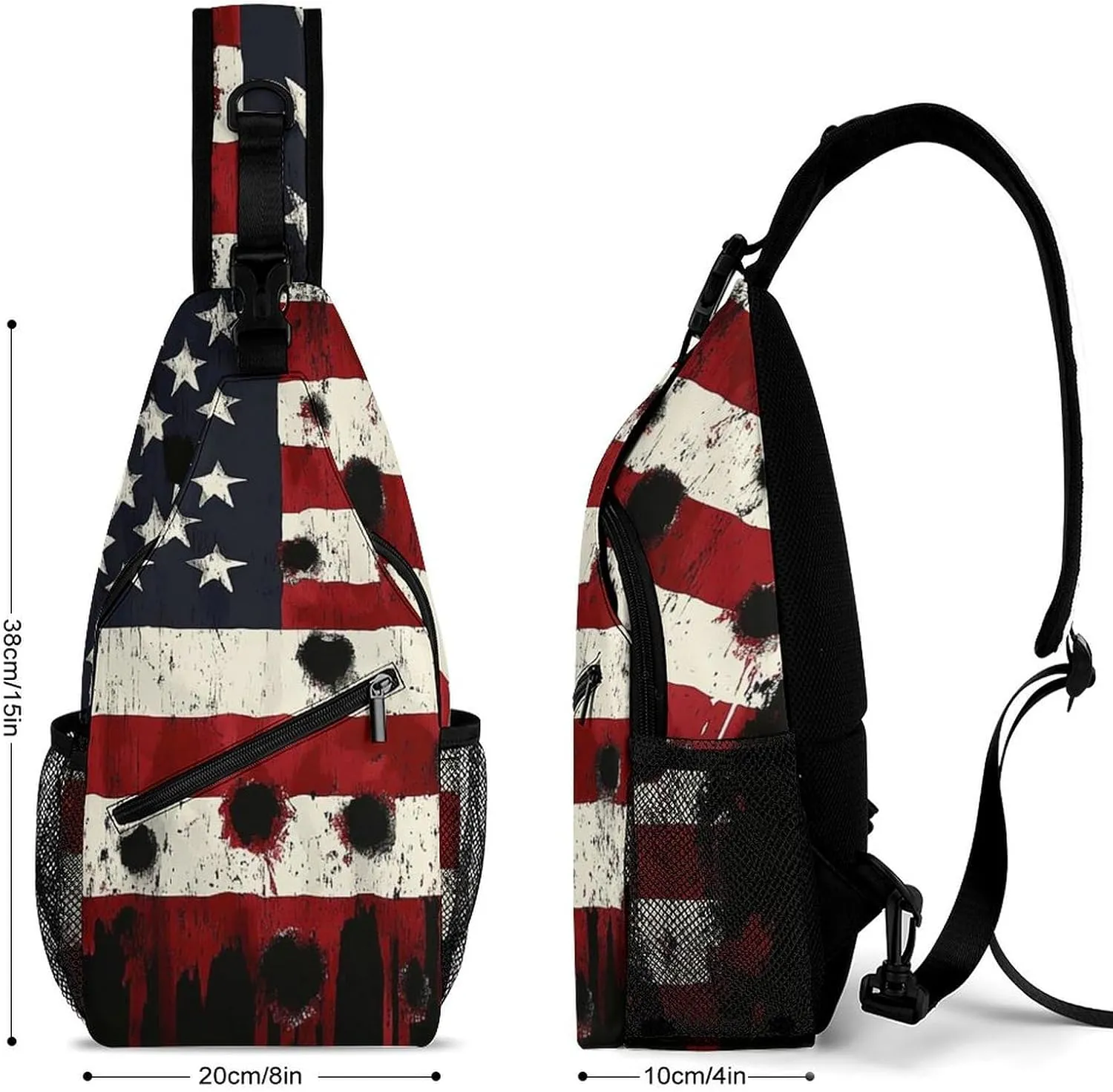 Supdreamc Ultra Lightweight Sling Bag Backpack Chest Day Bag Multipurpose Anti-Theft Backpacking for Outdoor Cycling Hiking Travel, Tool Backpack (American Usa Flag War Bullet Hole)