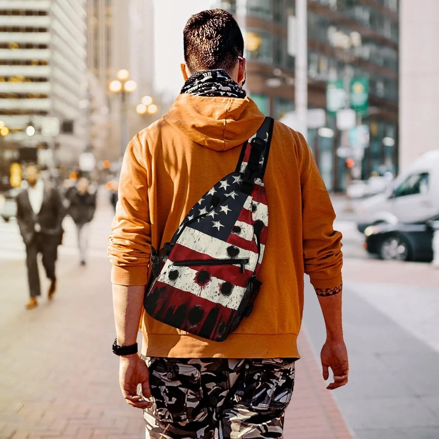 Supdreamc Ultra Lightweight Sling Bag Backpack Chest Day Bag Multipurpose Anti-Theft Backpacking for Outdoor Cycling Hiking Travel, Tool Backpack (American Usa Flag War Bullet Hole)