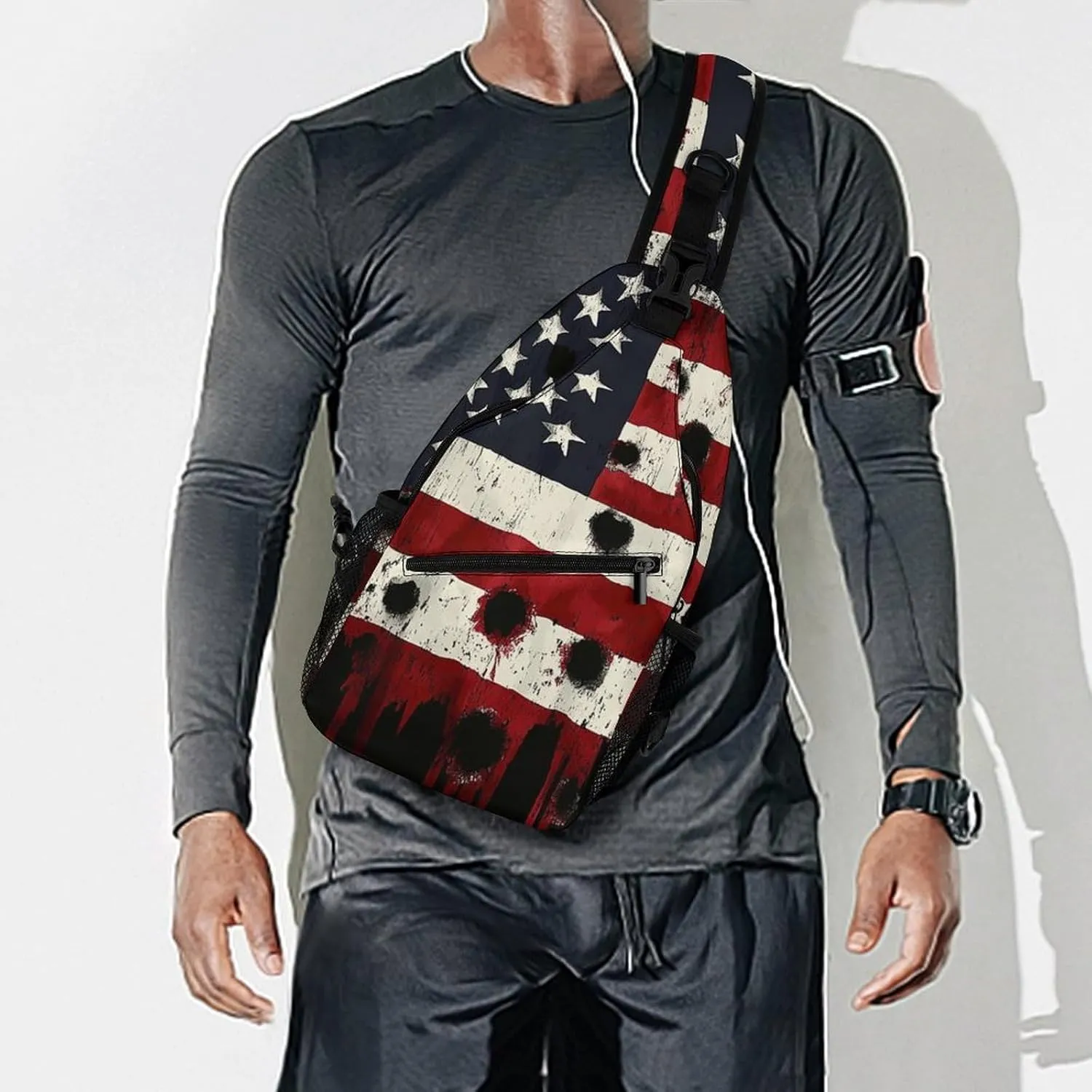 Supdreamc Ultra Lightweight Sling Bag Backpack Chest Day Bag Multipurpose Anti-Theft Backpacking for Outdoor Cycling Hiking Travel, Tool Backpack (American Usa Flag War Bullet Hole)