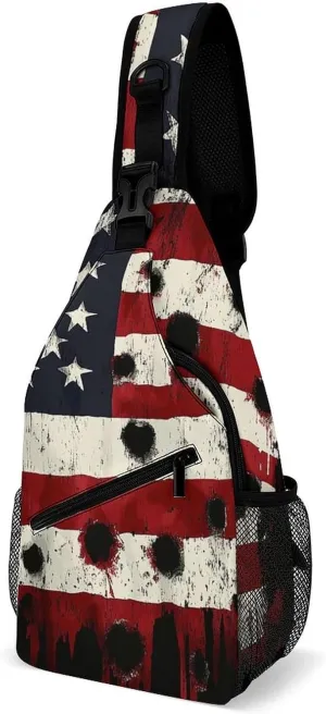 Supdreamc Ultra Lightweight Sling Bag Backpack Chest Day Bag Multipurpose Anti-Theft Backpacking for Outdoor Cycling Hiking Travel, Tool Backpack (American Usa Flag War Bullet Hole)