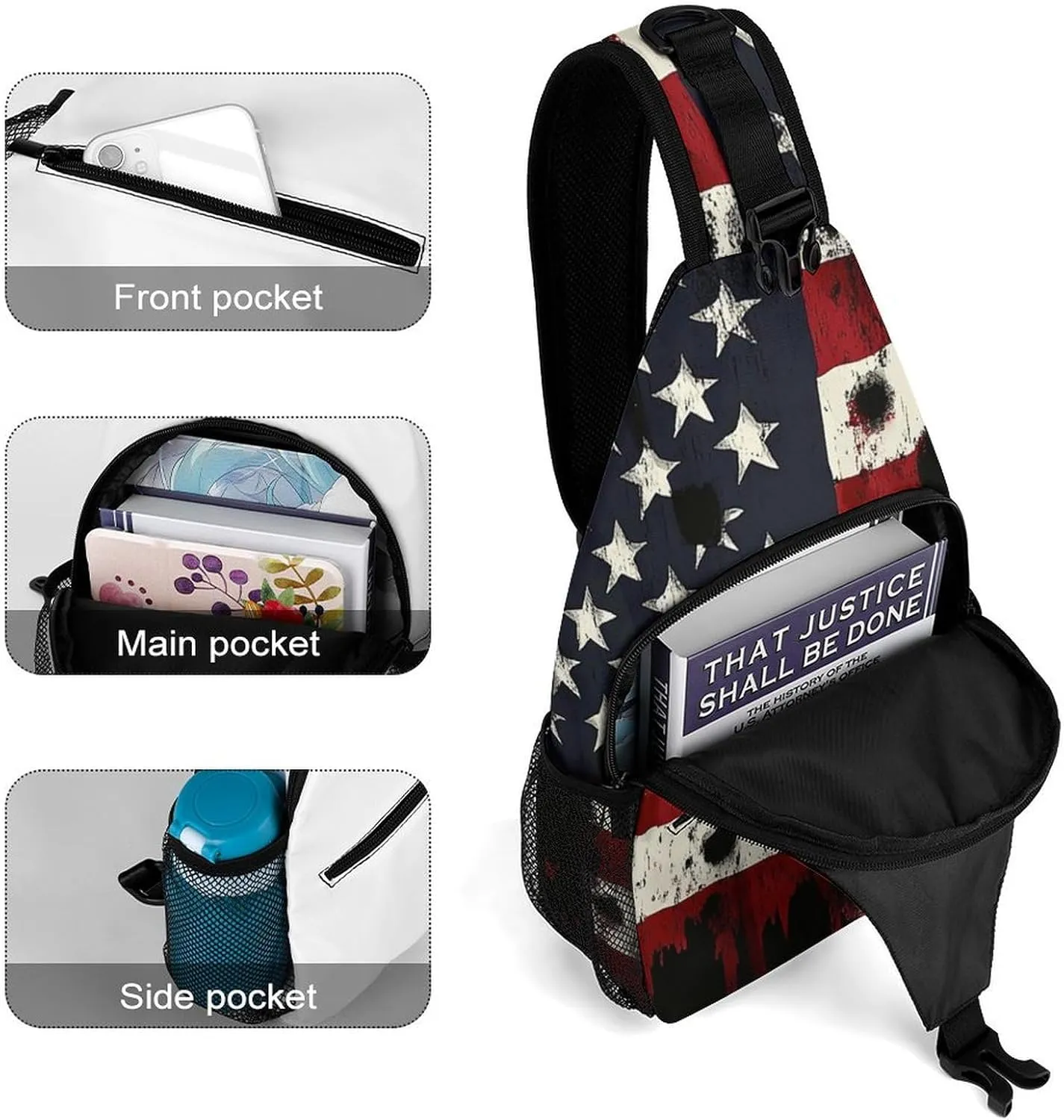 Supdreamc Ultra Lightweight Sling Bag Backpack Chest Day Bag Multipurpose Anti-Theft Backpacking for Outdoor Cycling Hiking Travel, Tool Backpack (American Usa Flag War Bullet Hole)