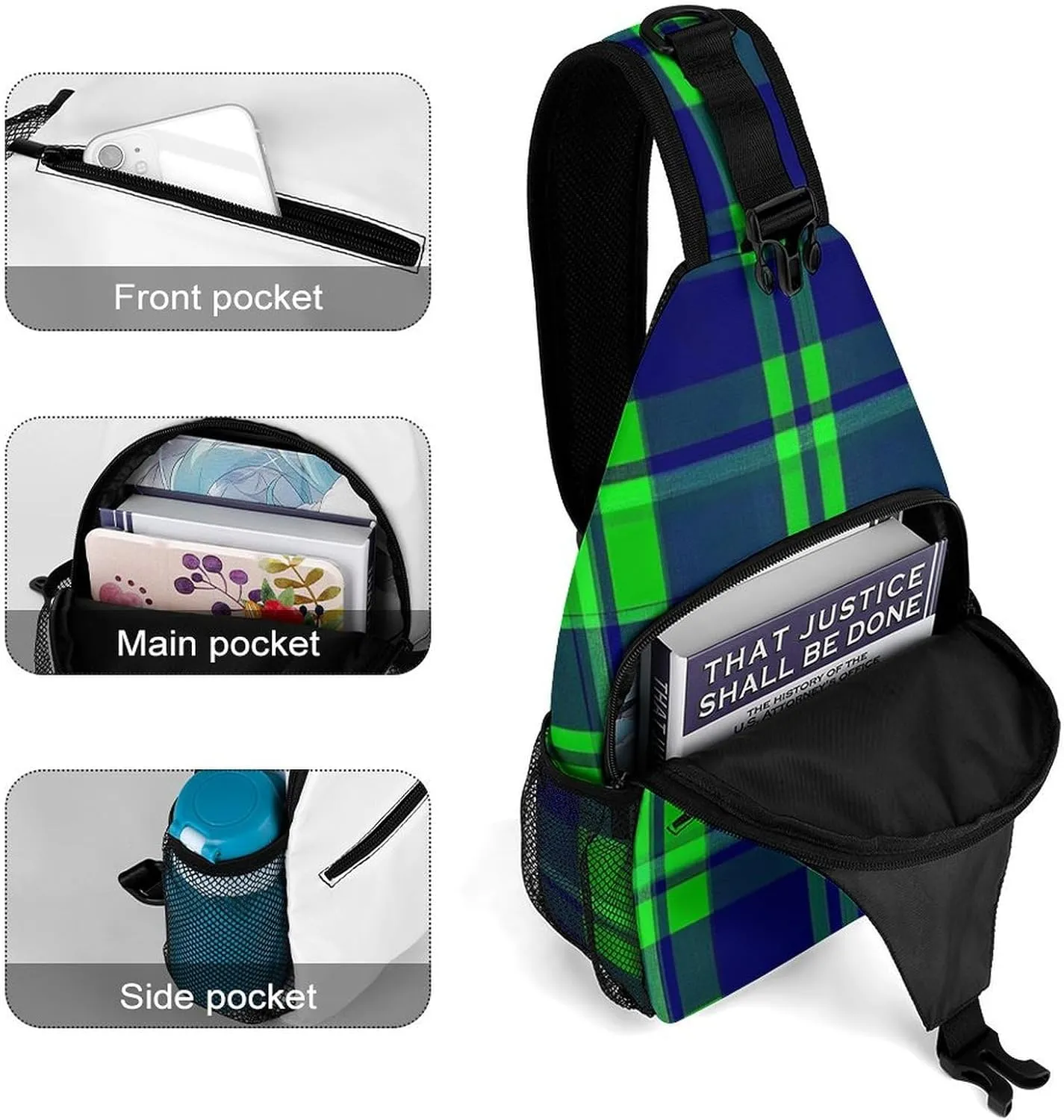 Supdreamc Ultra Lightweight Sling Bag Backpack Crossbody Chest Rucksack Anti-Theft Multipurpose Bag for Bicycle Sport Hiking Travel Camping, Blue Green Scottish Tartan Plaid