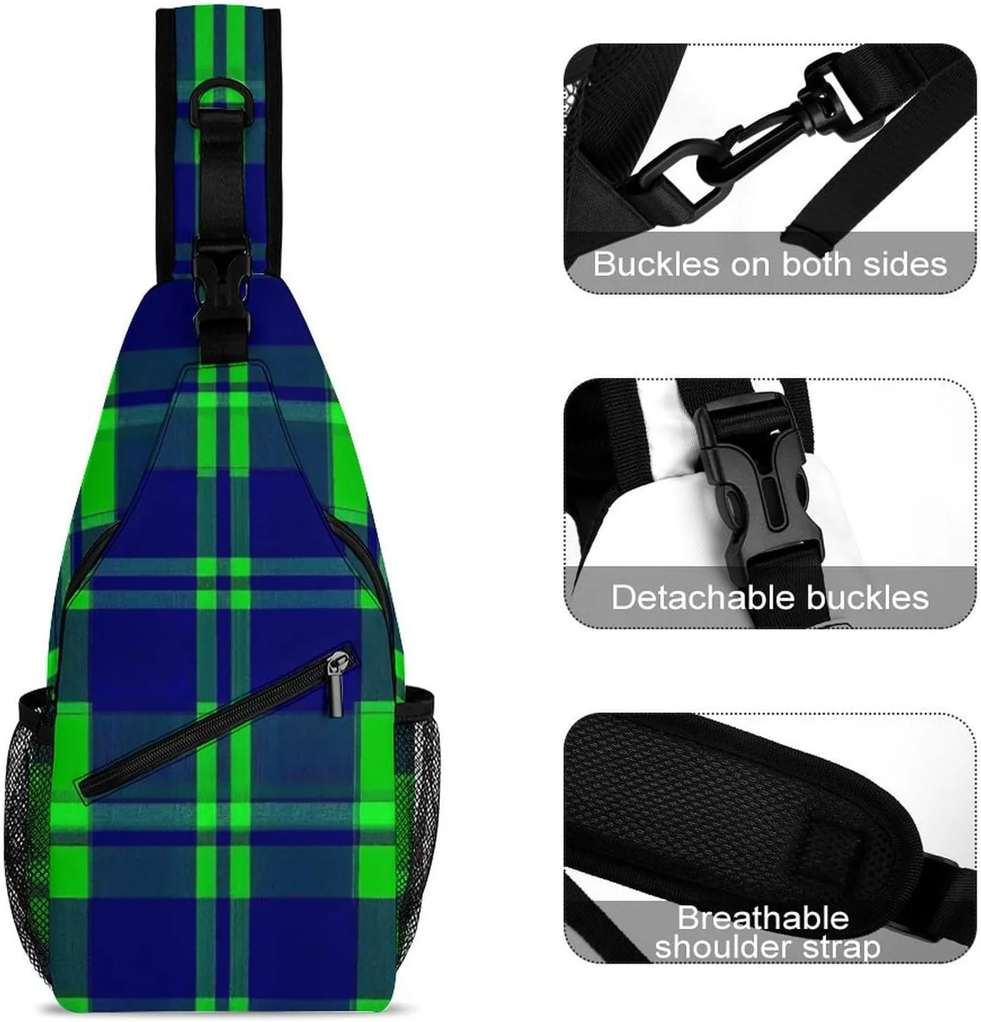 Supdreamc Ultra Lightweight Sling Bag Backpack Crossbody Chest Rucksack Anti-Theft Multipurpose Bag for Bicycle Sport Hiking Travel Camping, Blue Green Scottish Tartan Plaid