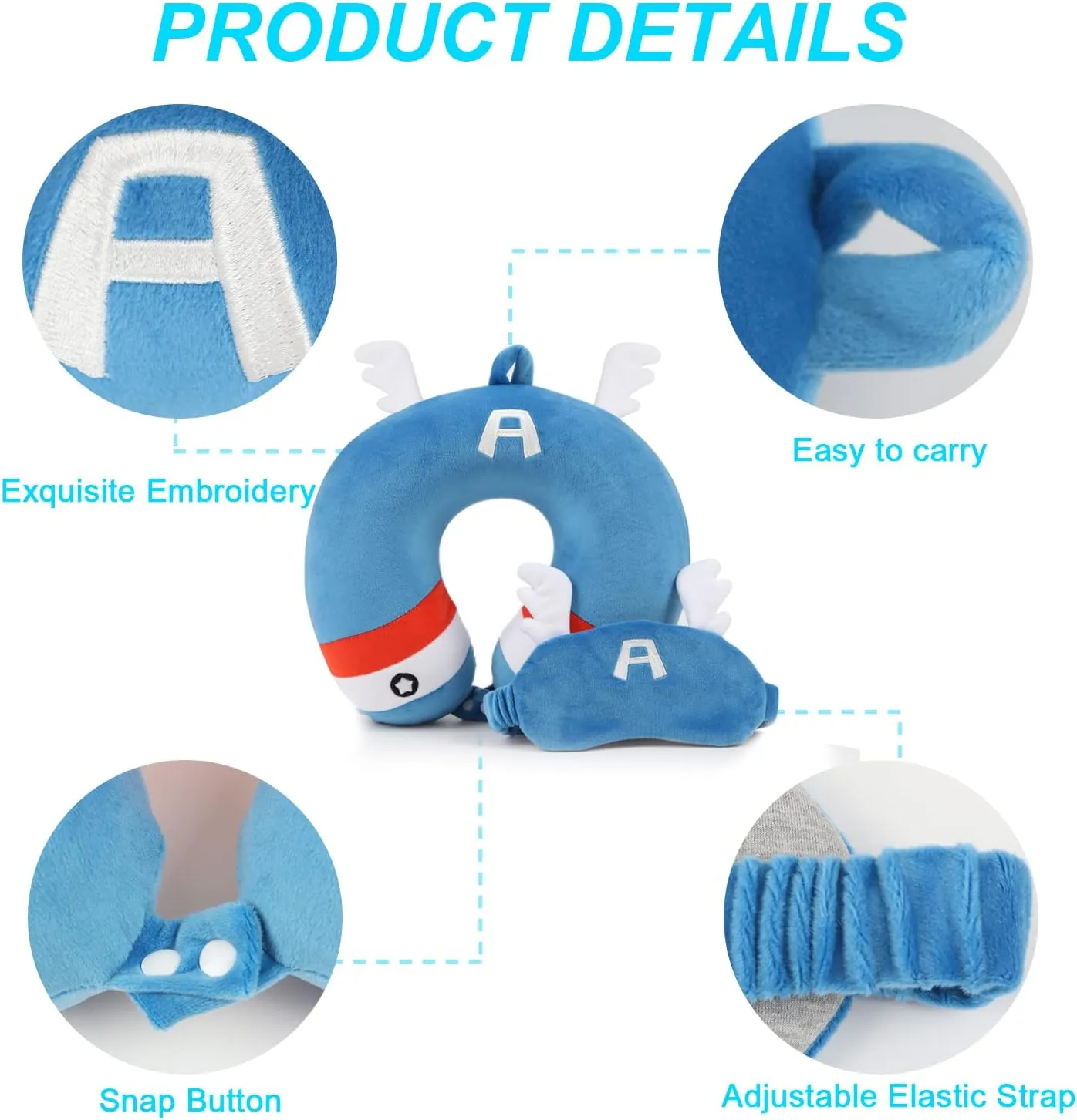 Superhero Travel Pillow for Kids & Adults with Sleep Eye Mask, Memory Foam U-Shaped Neck Pillow with Washable Cover, Soft Head Support Travel Accessories for Airplane Car Train Bus Recline, Blue