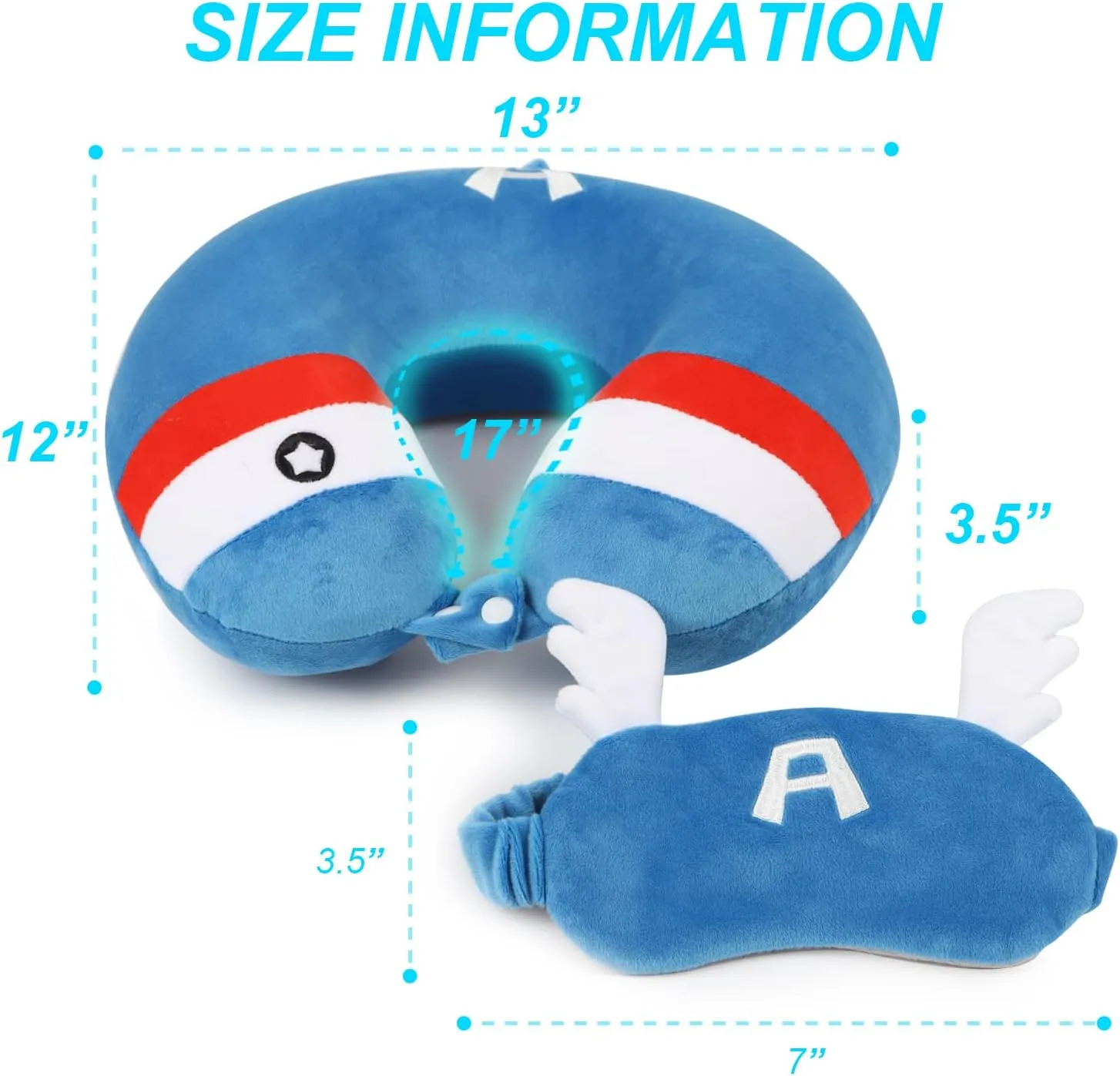 Superhero Travel Pillow for Kids & Adults with Sleep Eye Mask, Memory Foam U-Shaped Neck Pillow with Washable Cover, Soft Head Support Travel Accessories for Airplane Car Train Bus Recline, Blue