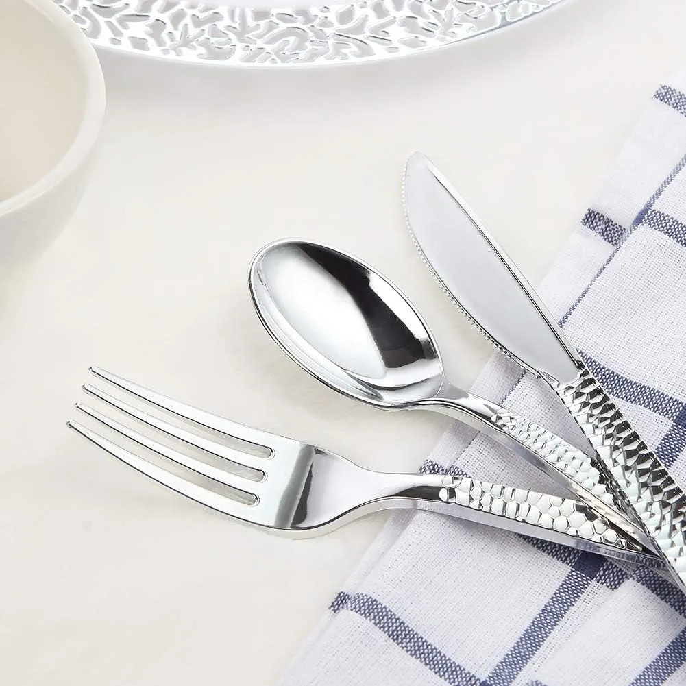 Supernal 360pcs Silver Plastic Cutlery,Elegant Plastic Silverware,Silver Hammed Silverware,Disposable Flatware,Include 120 Forks,120 Knvies,120 Spoons,Perfect for Birthday,Party,Wedding