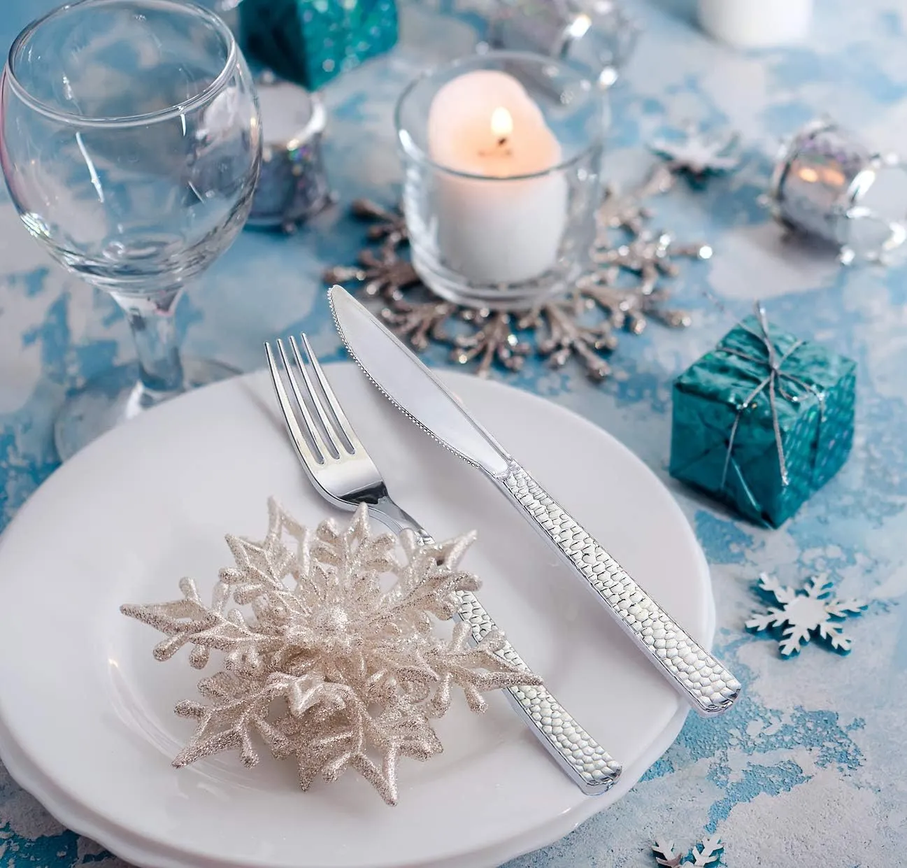 Supernal 360pcs Silver Plastic Cutlery,Elegant Plastic Silverware,Silver Hammed Silverware,Disposable Flatware,Include 120 Forks,120 Knvies,120 Spoons,Perfect for Birthday,Party,Wedding