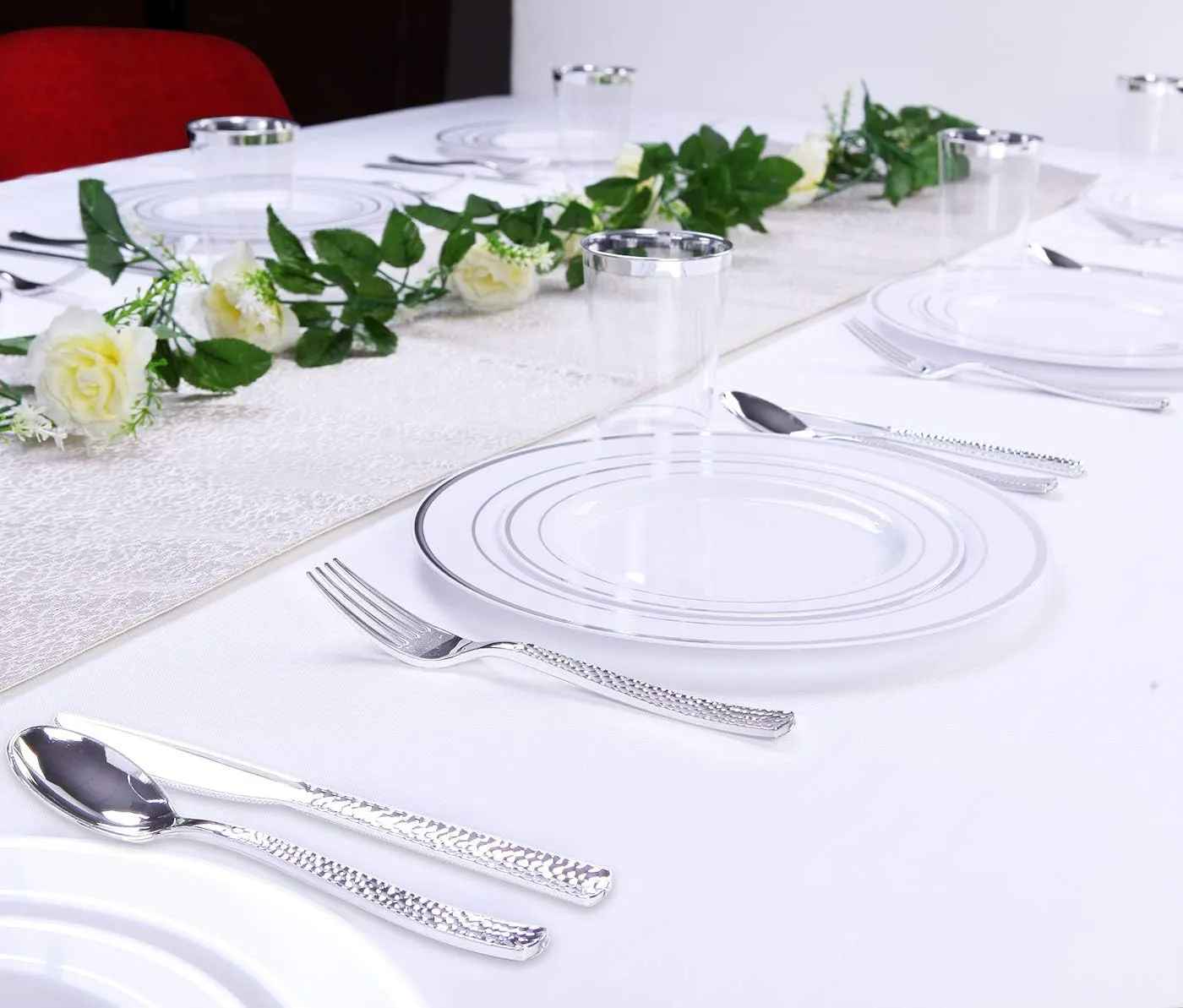 Supernal 360pcs Silver Plastic Cutlery,Elegant Plastic Silverware,Silver Hammed Silverware,Disposable Flatware,Include 120 Forks,120 Knvies,120 Spoons,Perfect for Birthday,Party,Wedding