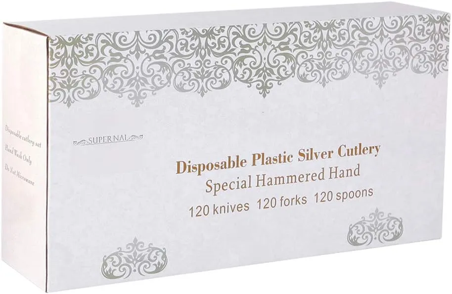 Supernal 360pcs Silver Plastic Cutlery,Elegant Plastic Silverware,Silver Hammed Silverware,Disposable Flatware,Include 120 Forks,120 Knvies,120 Spoons,Perfect for Birthday,Party,Wedding