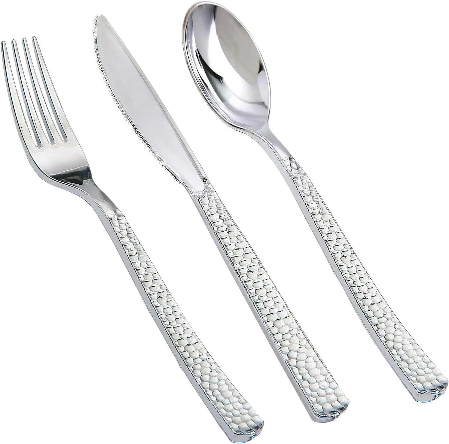 Supernal 360pcs Silver Plastic Cutlery,Elegant Plastic Silverware,Silver Hammed Silverware,Disposable Flatware,Include 120 Forks,120 Knvies,120 Spoons,Perfect for Birthday,Party,Wedding
