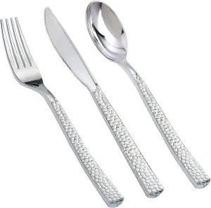Supernal 360pcs Silver Plastic Cutlery,Elegant Plastic Silverware,Silver Hammed Silverware,Disposable Flatware,Include 120 Forks,120 Knvies,120 Spoons,Perfect for Birthday,Party,Wedding