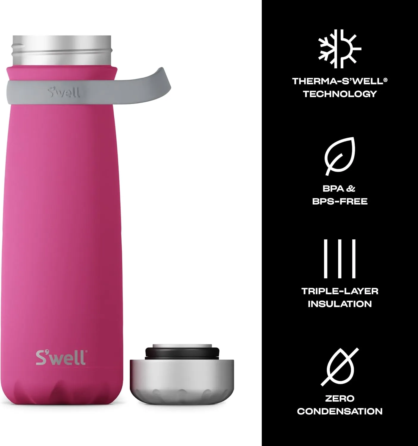 S'well Stainless Steel Traveler With Handle, 24oz, Azalea Pink, Triple Layered Vacuum Insulated Containers Keeps Drinks Cold for 40 Hours and Hot for 16, BPA Free, Easy Carrying On the Go