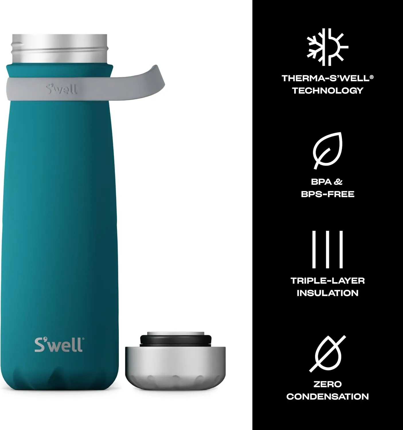 S'well Stainless Steel Traveler With Handle, 24oz, Peacock Blue, Triple Layered Vacuum Insulated Containers Keeps Drinks Cold for 40 Hours and Hot for 16, BPA Free, Easy Carrying On the Go