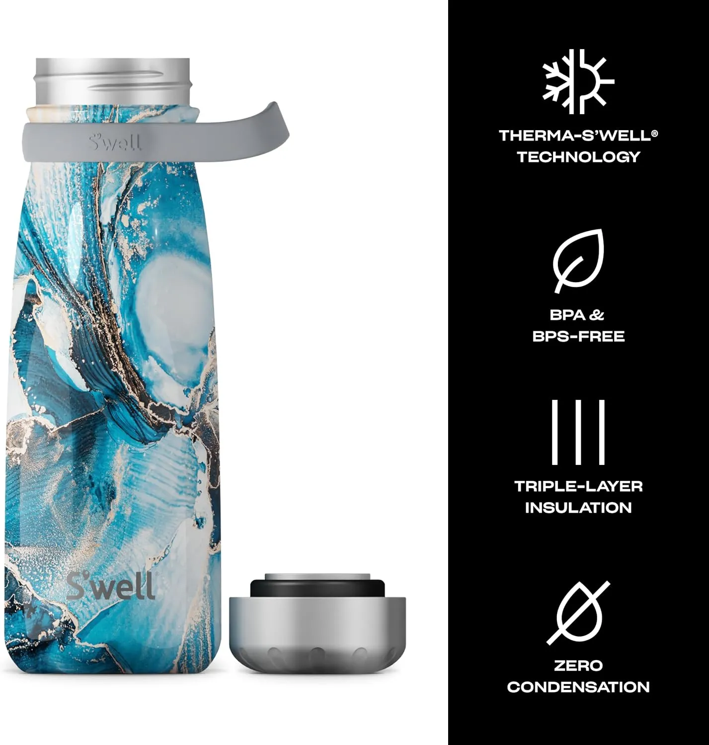 S'well Stainless Steel Traveler With Handle, 32oz, Ocean Marble, Triple Layered Vacuum Insulated Containers Keeps Drinks Cold for 50 Hours and Hot for 18, BPA Free, Easy Carrying On the Go