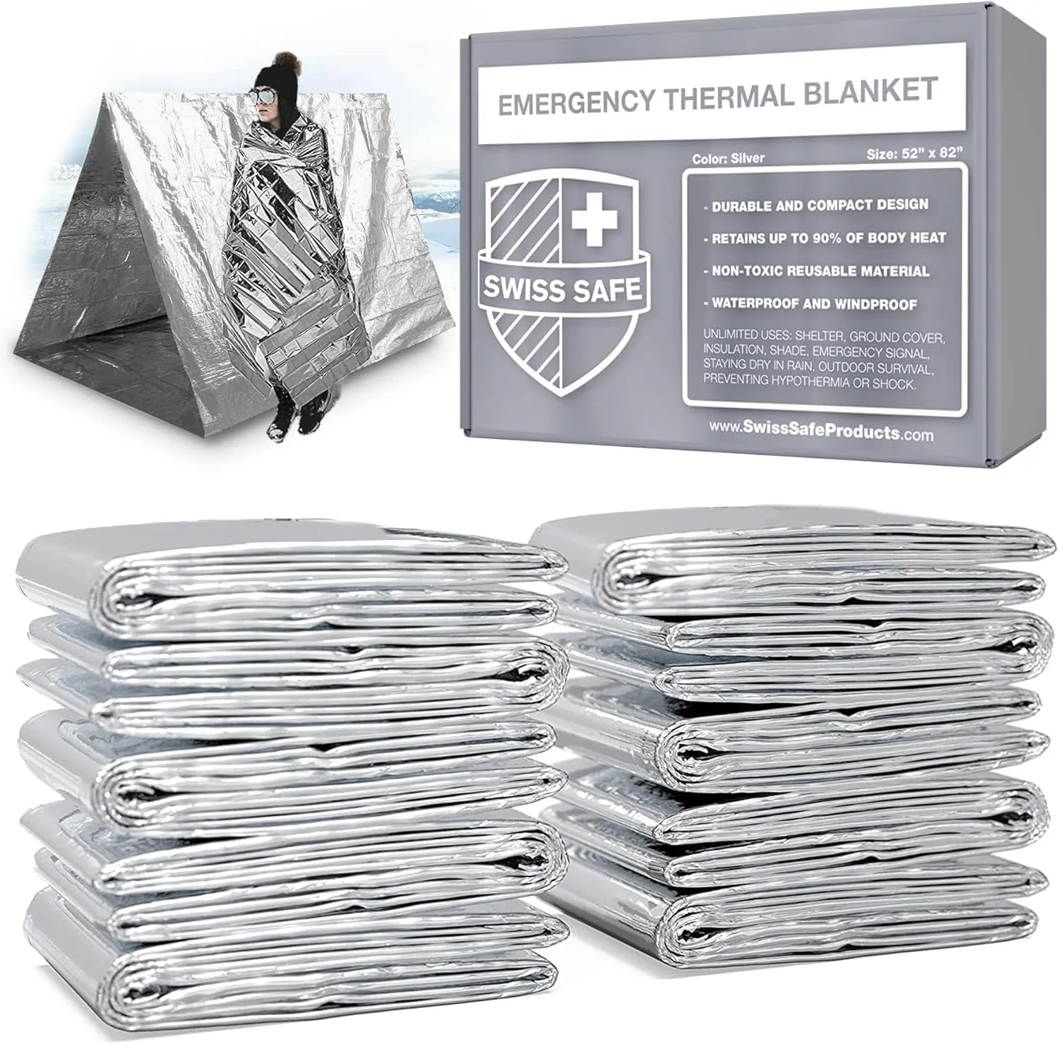 Swiss Safe Emergency Mylar Thermal Blankets   Bonus Space Blanket - Compact & Insulated for Cold Weather - Designed for NASA, Outdoor Camping, Survival, First Aid Car Kit - Silver, 75 Pack