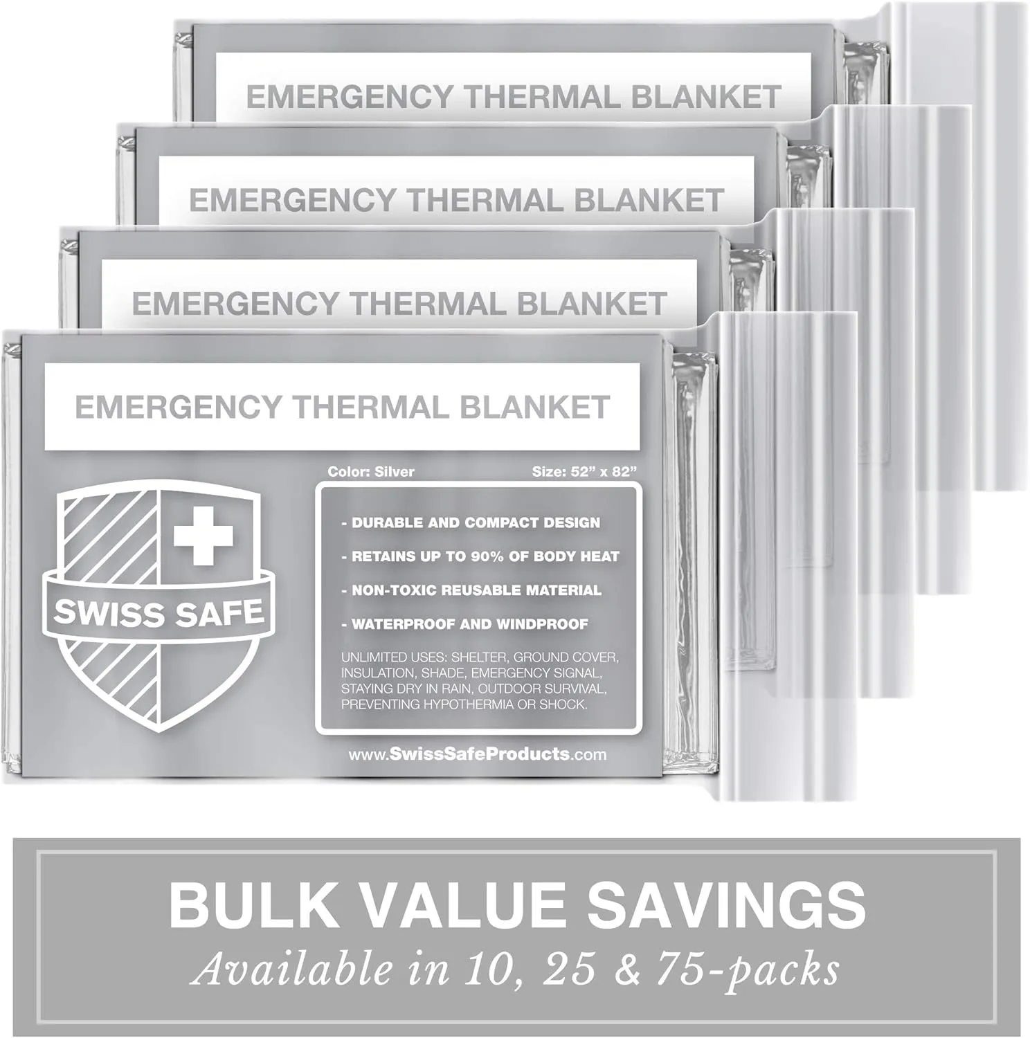 Swiss Safe Emergency Mylar Thermal Blankets   Bonus Space Blanket - Compact & Insulated for Cold Weather - Designed for NASA, Outdoor Camping, Survival, First Aid Car Kit - Silver, 75 Pack