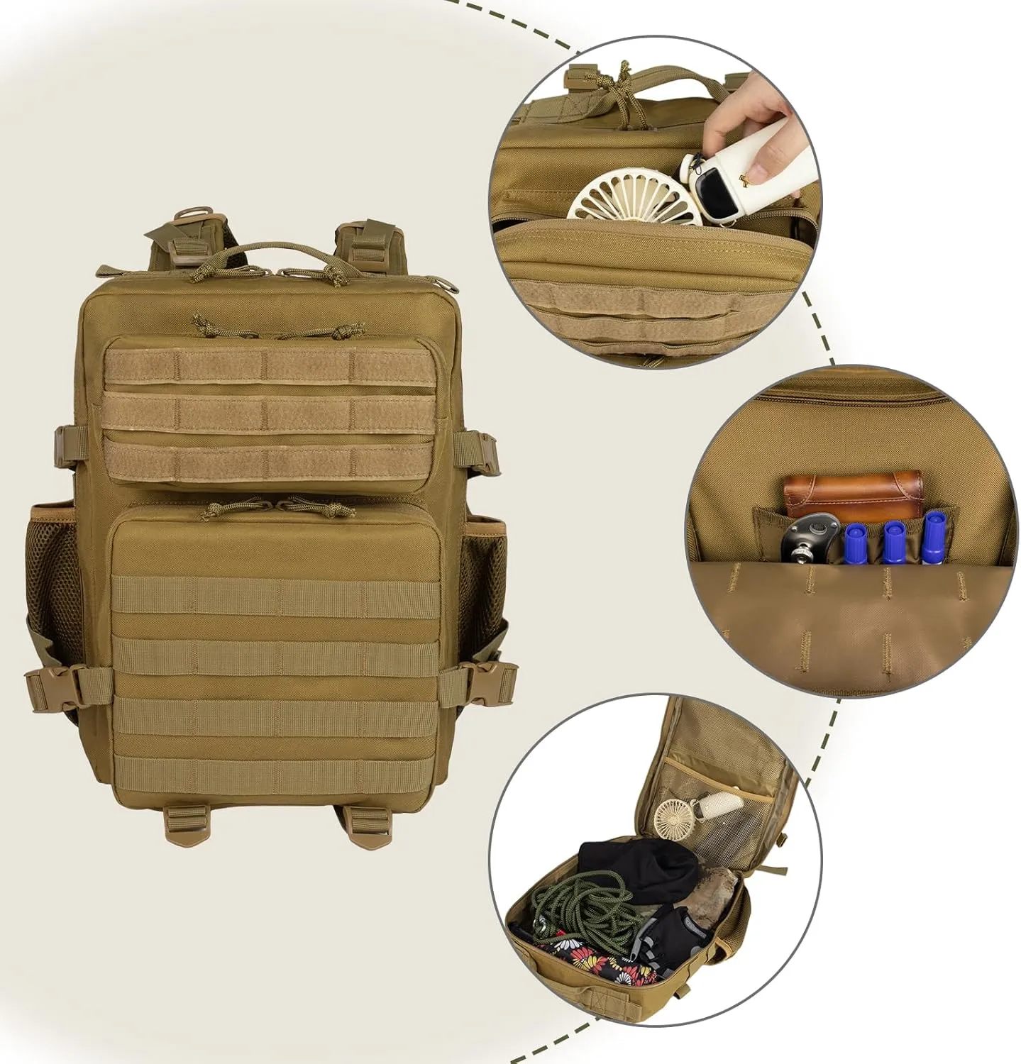 Tactical Backpack - 25L/35L/45L Military Tactical Backpack For Men Molle Daypack 3 Day Bug Out Bag Hiking Rucksack With Bottle Holder 25L Small Khaki Backpacks
