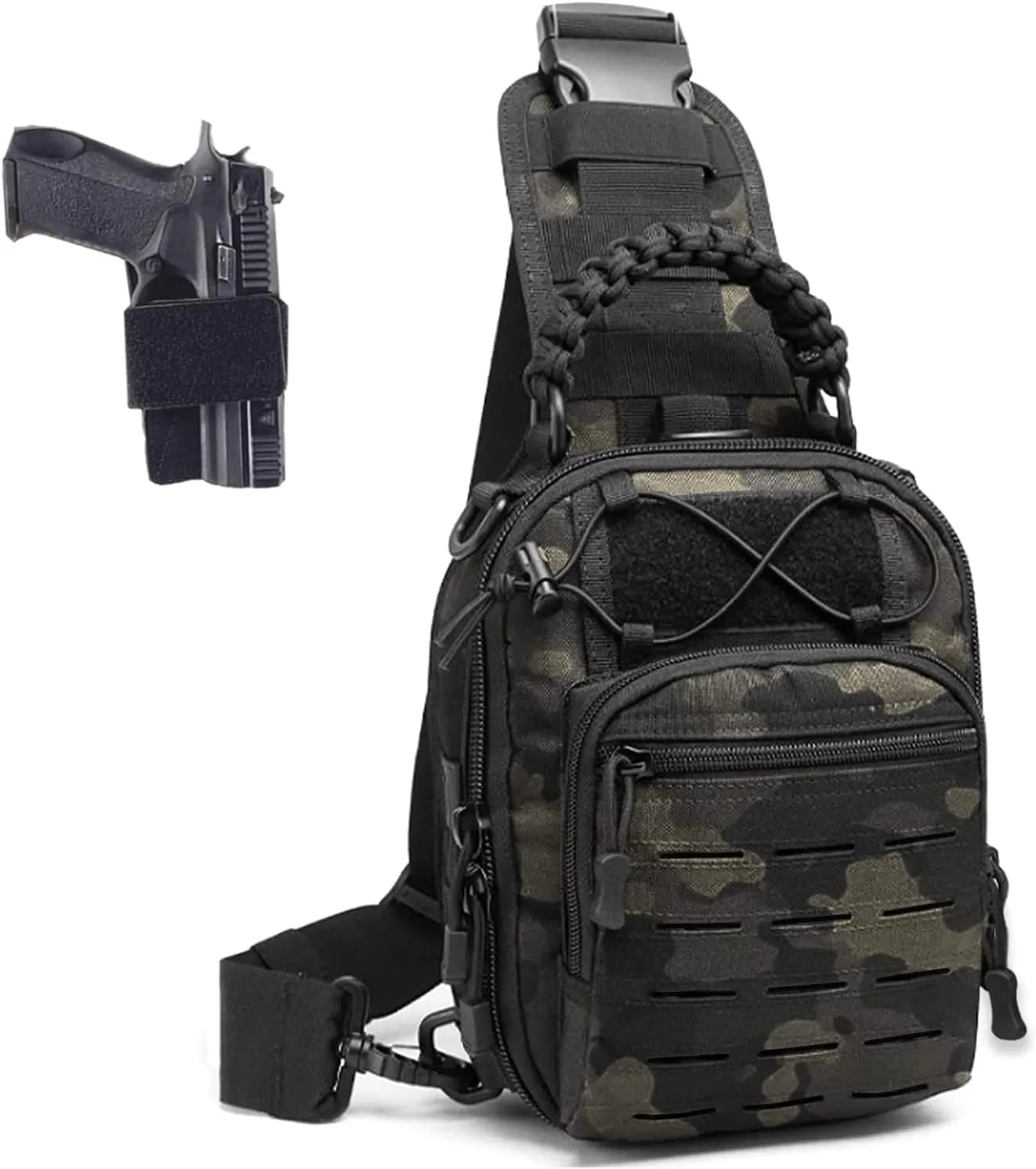 Tactical Compact Concealed Carry Sling Bag Cut Molle Pistol Holster EDC Single Shoulder Chest Backpack Pack (ACU Black)