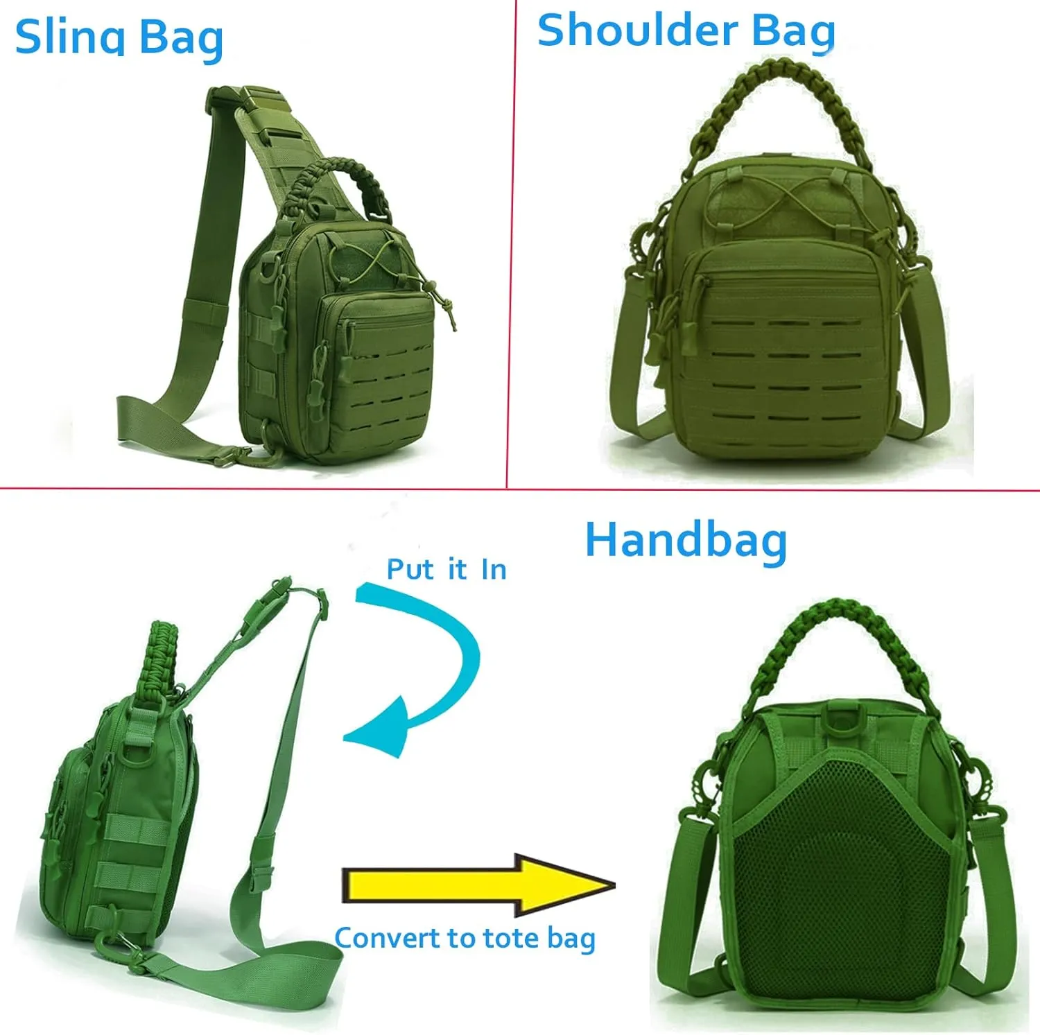 Tactical Compact Concealed Carry Sling Bag Cut Molle Pistol Holster EDC Single Shoulder Chest Backpack Pack (Green)
