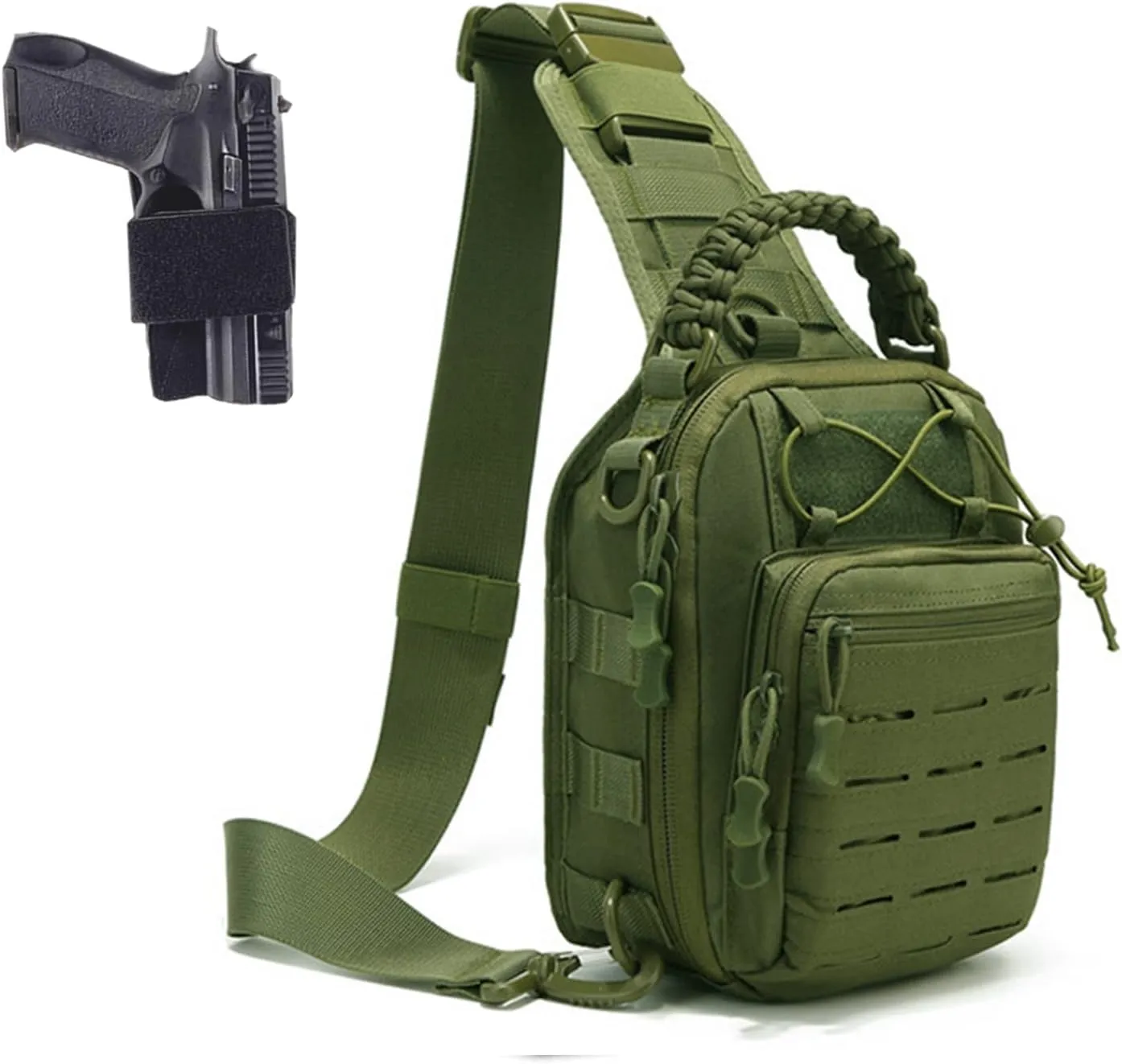 Tactical Compact Concealed Carry Sling Bag Cut Molle Pistol Holster EDC Single Shoulder Chest Backpack Pack (Green)