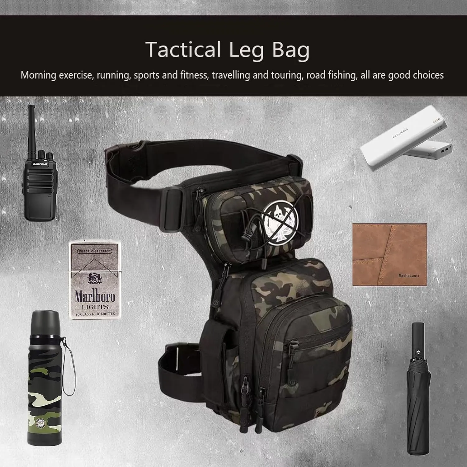Tactical Drop Leg Pouch Thigh Bag Military Waist Fanny Pack Outdoor leg strapfor Fishing Motorcycle Cycling Hiking Horse Riding Waterproof Bag for Men 1000D Nylon Waterproof (Black Camo)