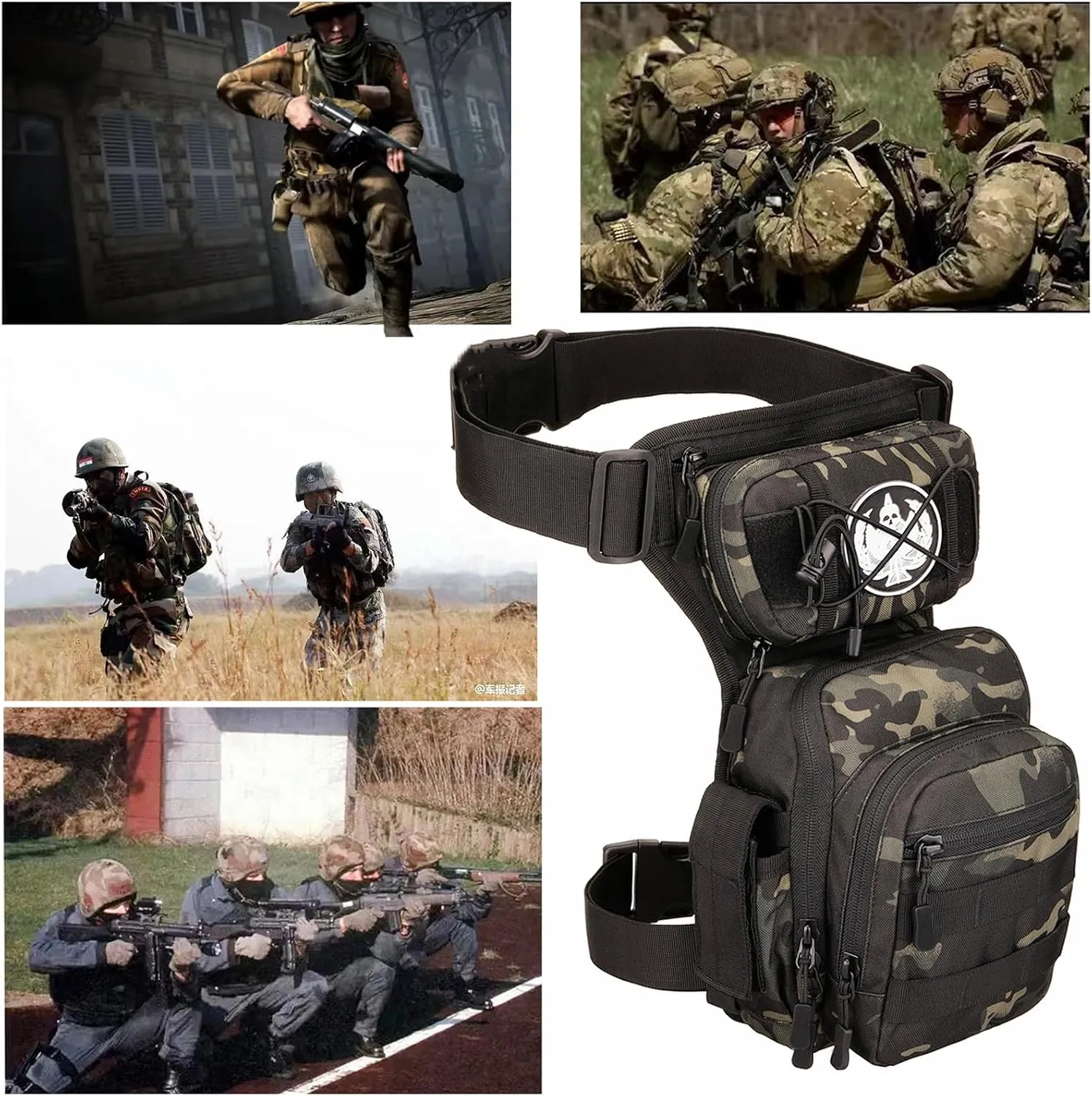 Tactical Drop Leg Pouch Thigh Bag Military Waist Fanny Pack Outdoor leg strapfor Fishing Motorcycle Cycling Hiking Horse Riding Waterproof Bag for Men 1000D Nylon Waterproof (Black Camo)