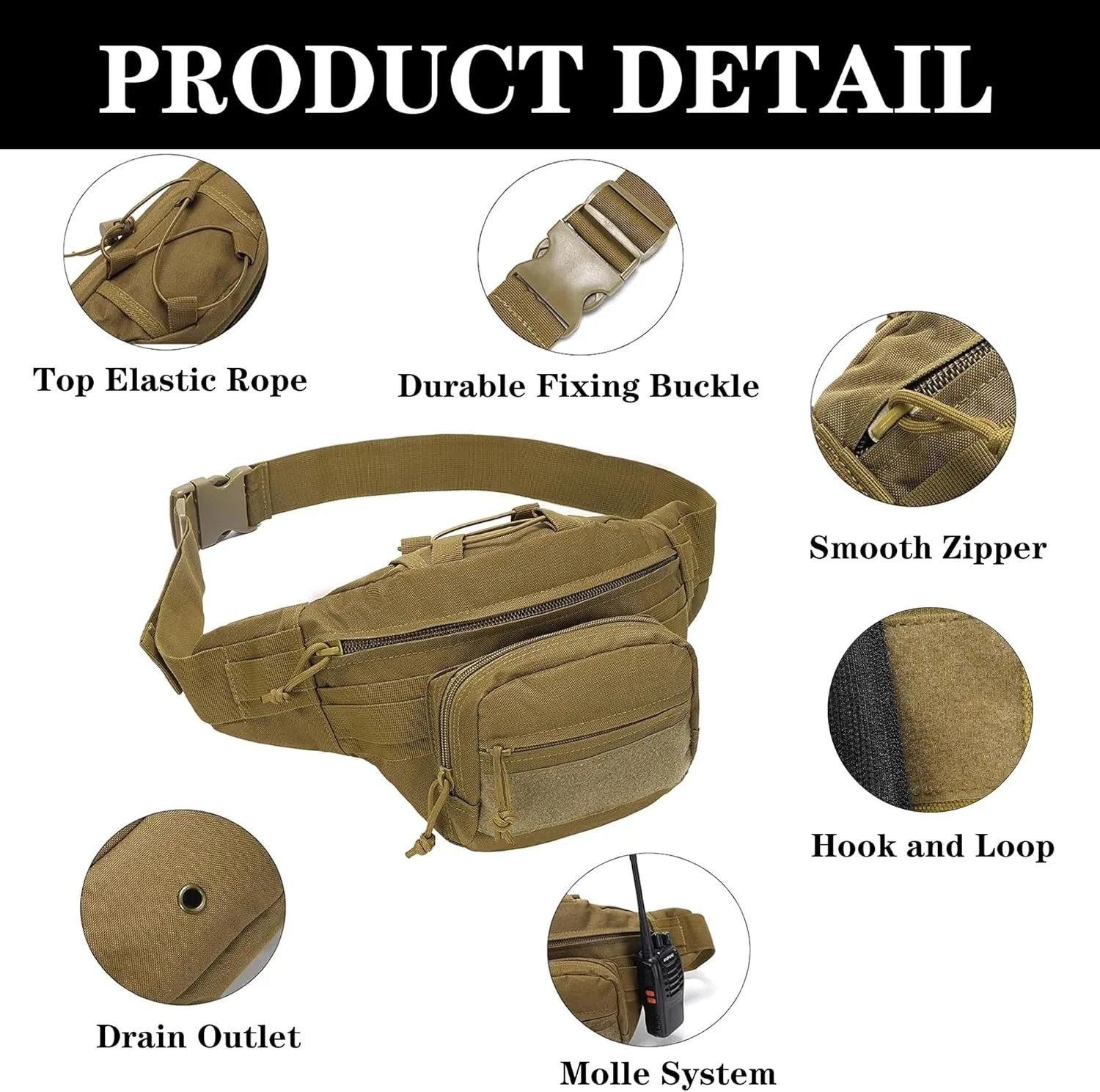 Tactical Fanny Pack for Men-Concealed Carry Waist Bag with Multi-Pockets,Durable & Comfortable Design for Outdoor Hiking,Climbing,Fishing Coyote Brown