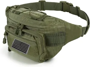 Tactical Fanny Pack Military Waist Bag Pack with USA Flag Patch Utility Hip Pack with Adjustable Strap for Outdoors Fishing Cycling Camping Hiking Dog Walking (Army green 2)
