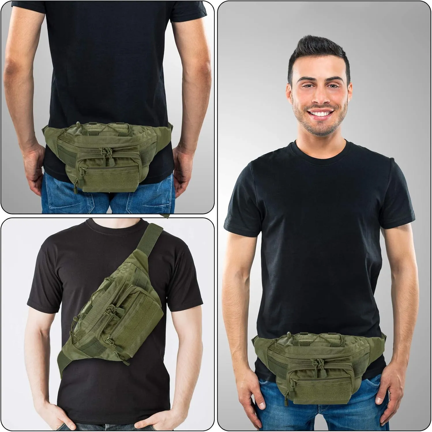 Tactical Fanny Pack Military Waist Bag Pack with USA Flag Patch Utility Hip Pack with Adjustable Strap for Outdoors Fishing Cycling Camping Hiking Dog Walking (Army green 2)