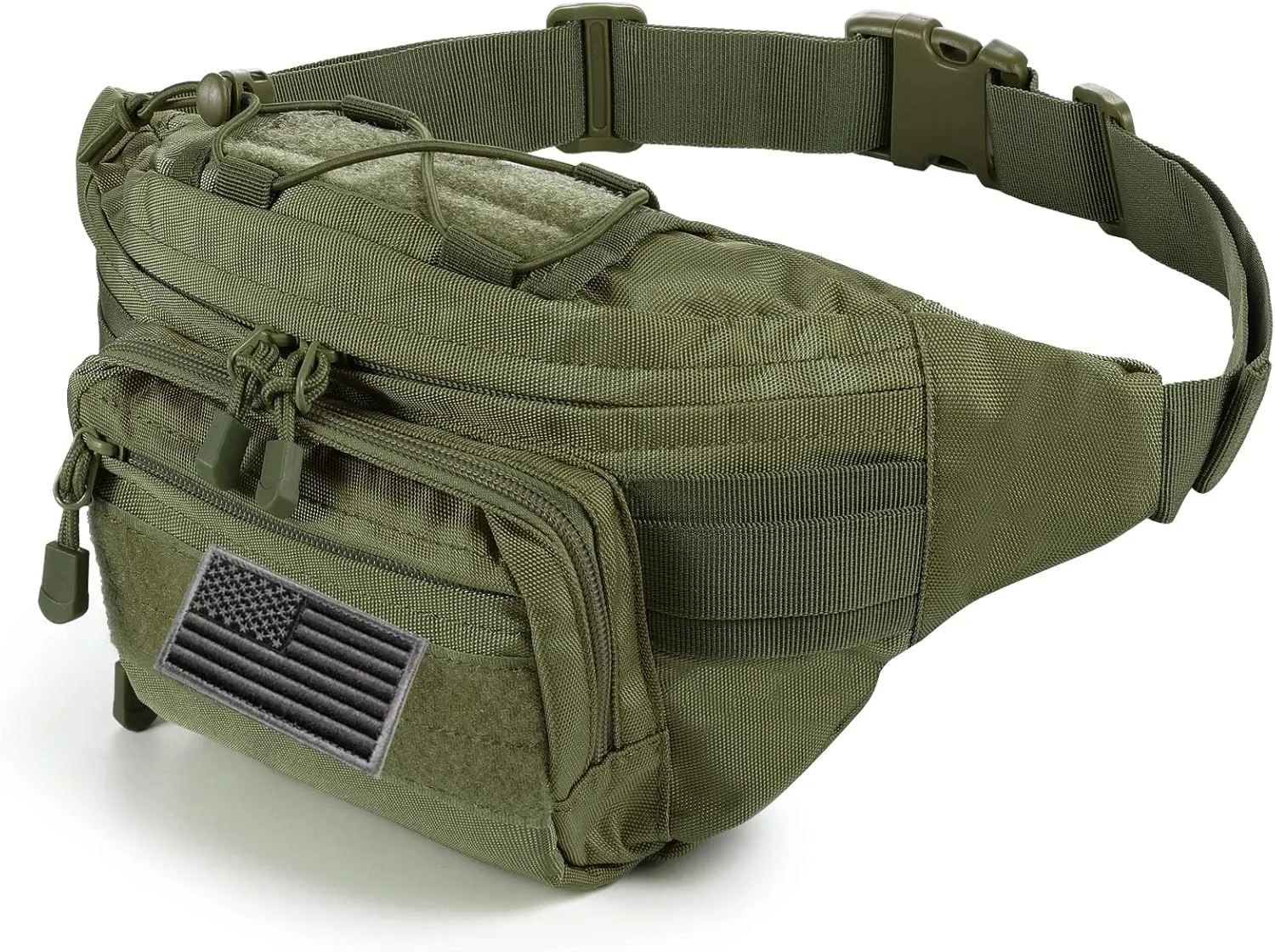 Tactical Fanny Pack Military Waist Bag Pack with USA Flag Patch Utility Hip Pack with Adjustable Strap for Outdoors Fishing Cycling Camping Hiking Dog Walking (Army green 2)