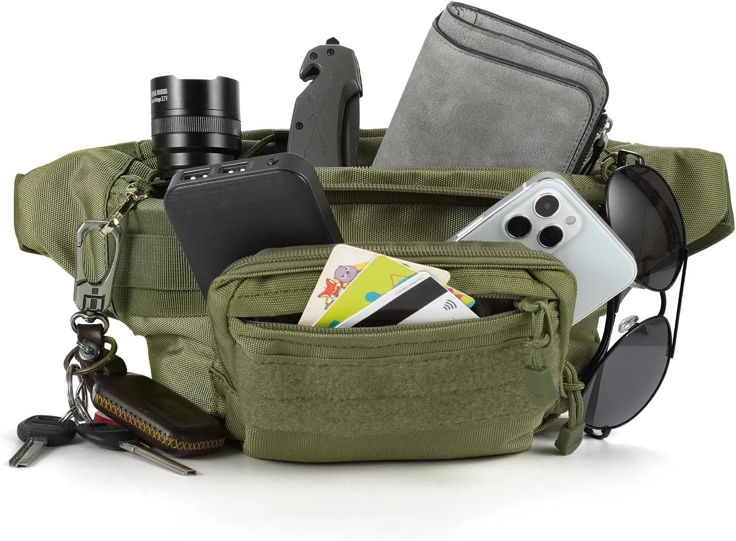 Tactical Fanny Pack Military Waist Bag Pack with USA Flag Patch Utility Hip Pack with Adjustable Strap for Outdoors Fishing Cycling Camping Hiking Dog Walking (Army green 2)