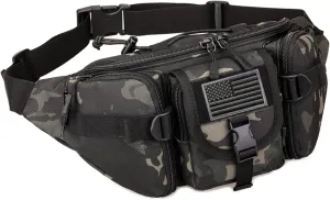 Tactical Fanny Pack Military Waist Bag Pack with USA Flag Patch Utility Hip Pack with Adjustable Strap for Outdoors Fishing Cycling Camping Hiking Dog Walking (Black camo)